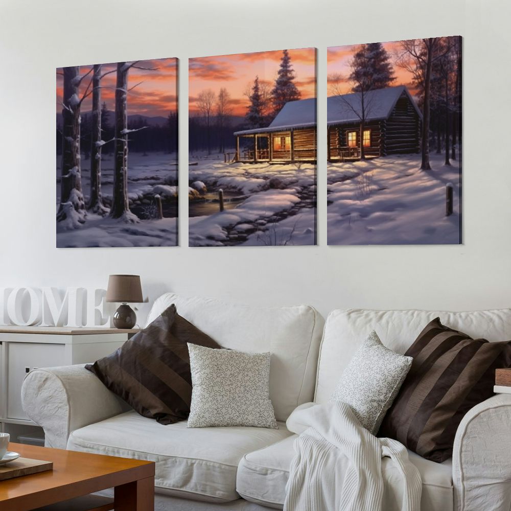 Nawypu  Blue Winter Rustic Wall Art Home Decor Canvas Printed Cabin Picture Living Dining Room Decorations Fashion Framed 12''x16''X3 Panels