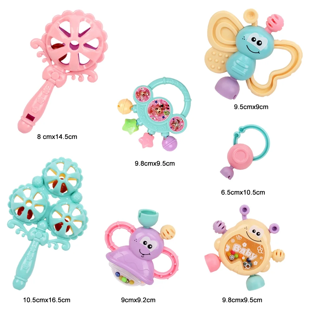 HLONK 7Pcs Baby Toys Rattles Set, Infant Grasping Grab Toys, Spin Shaking Bell Musical Toy Set Early Educational Toys for 3-12 Months Babies