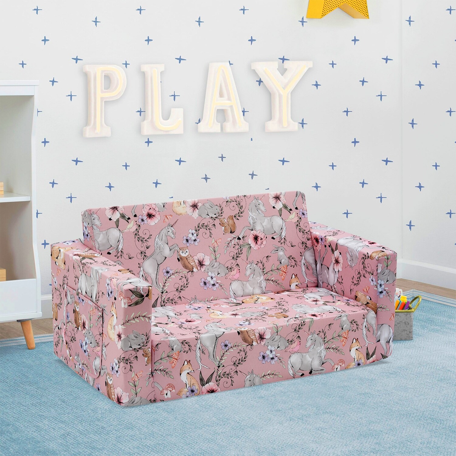 Kids Fold Out Couch 2-in-1 Children Convertible Sofa to Lounger Pink Rainbow