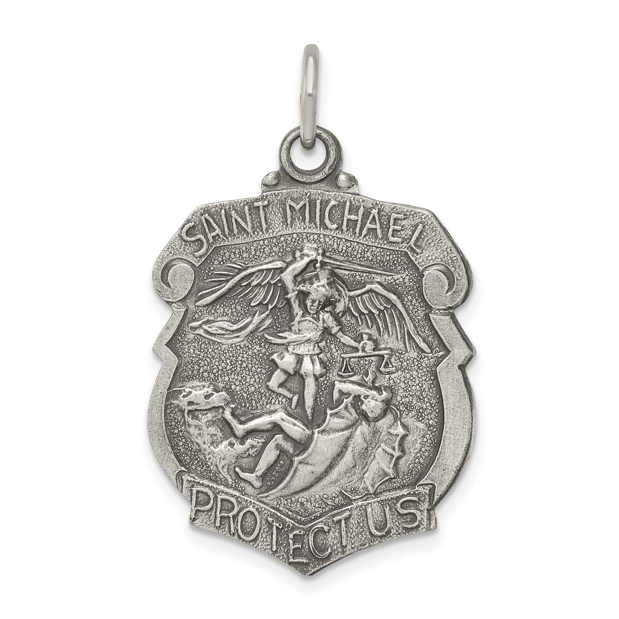 Carat in Karats Sterling Silver Antiqued St. Michael Badge Medal Pendant (31mm x 21mm) With Sterling Silver Rope Chain Necklace 18''