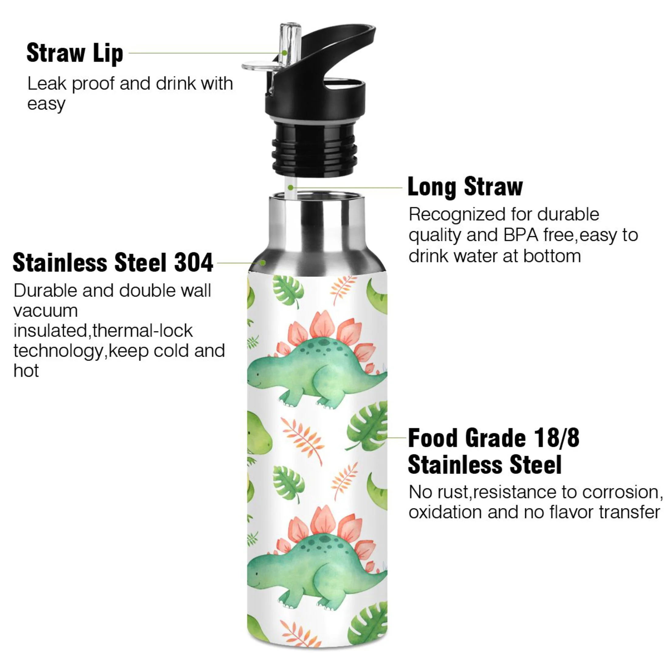 Water Bottle with Straw Lid Leak Dinosaur Cartoon Green Dinosaur Stainless Steel Insulated Thermos Vacuum Flask for Cold Hot Drinking for Sports Camping Gym Yoga