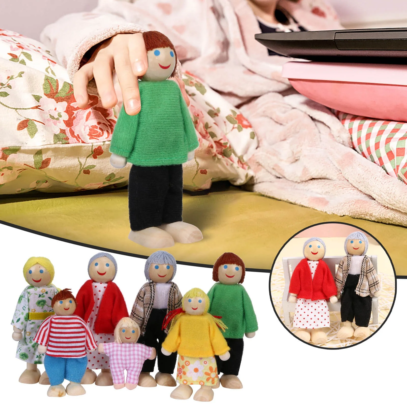 Lovehome Kids Girls Lovely Happy Dolls Family Playset Wooden Figures Set of 7 People Doll