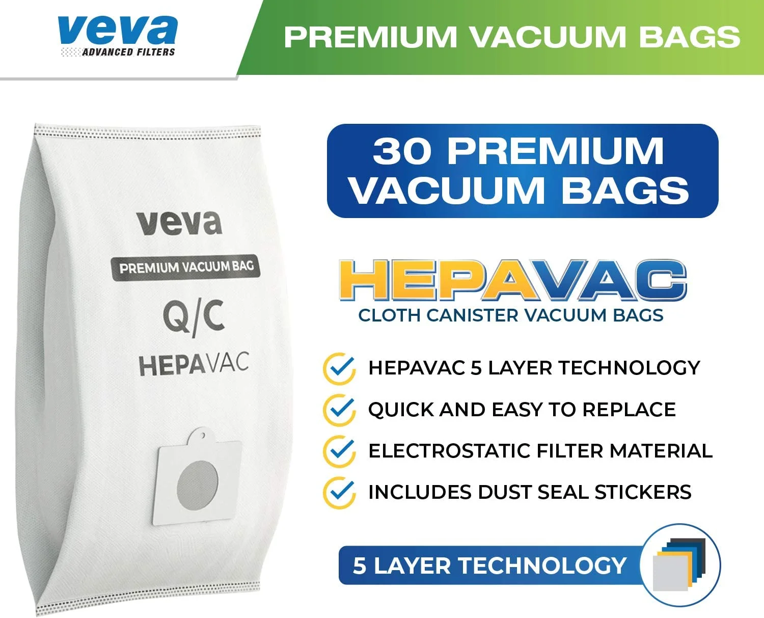 Veva Type Q/C HEPAVAC Filter Cloth Canister Vacuum Bag Replacement, 30 Pack