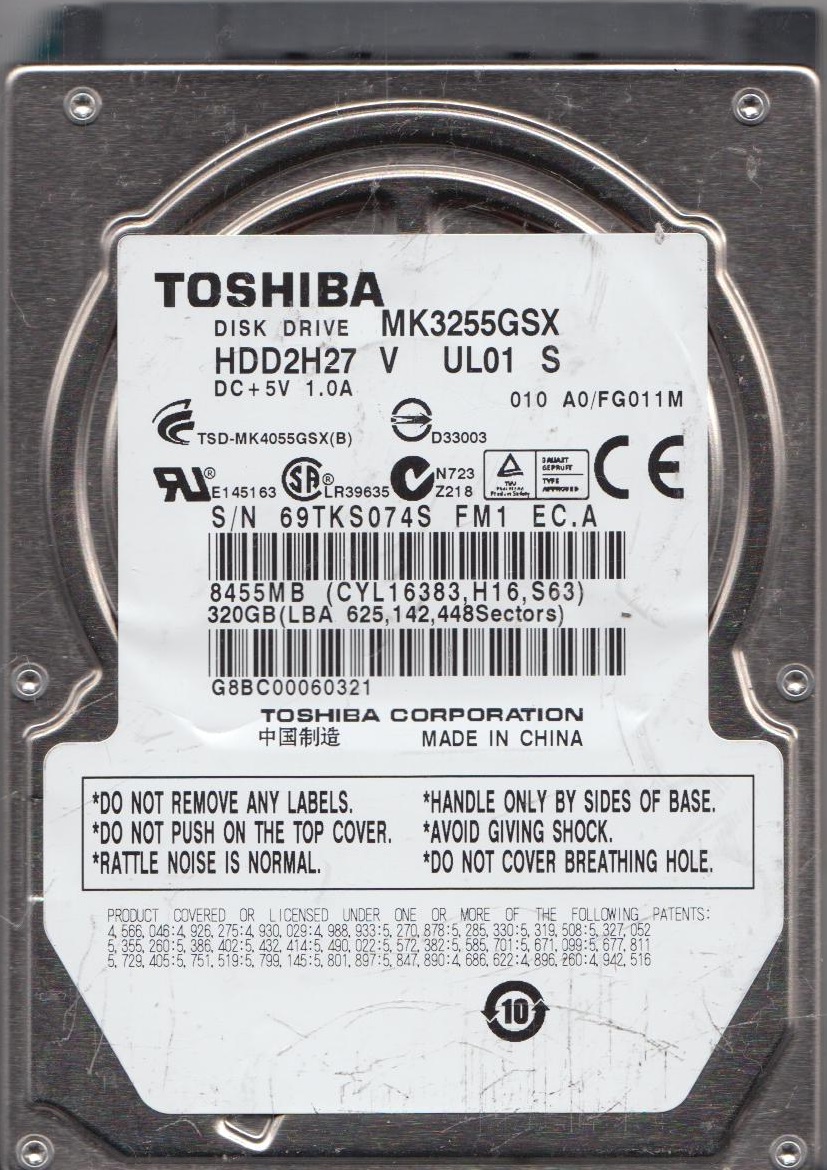 MK3255GSX, A0/FG011M, HDD2H27 V UL01 S, Toshiba 320GB SATA 2.5 Hard Drive
