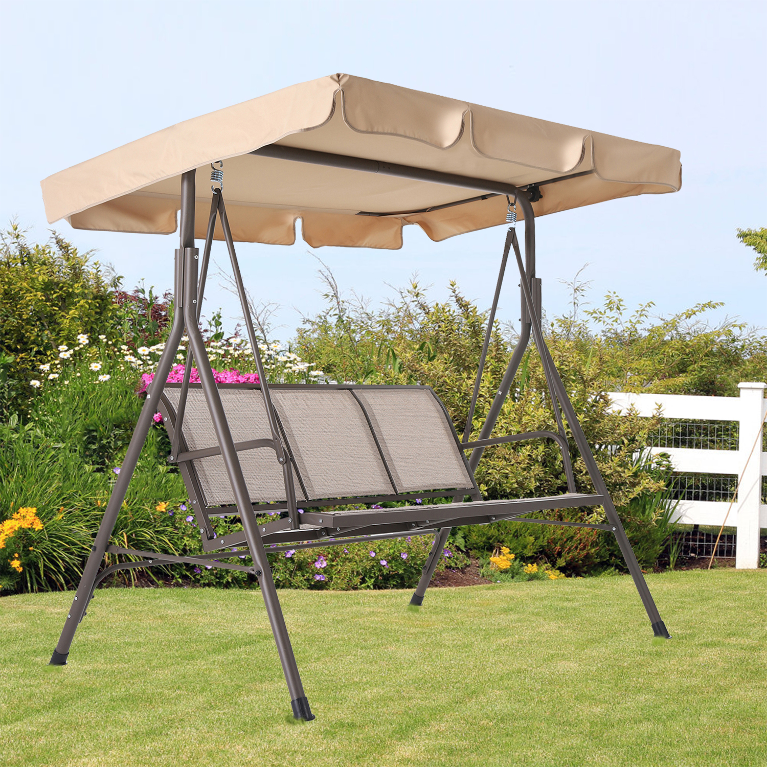 Unique Choice 3-Person Steel Outdoor Patio Porch Swing Chair, Beige