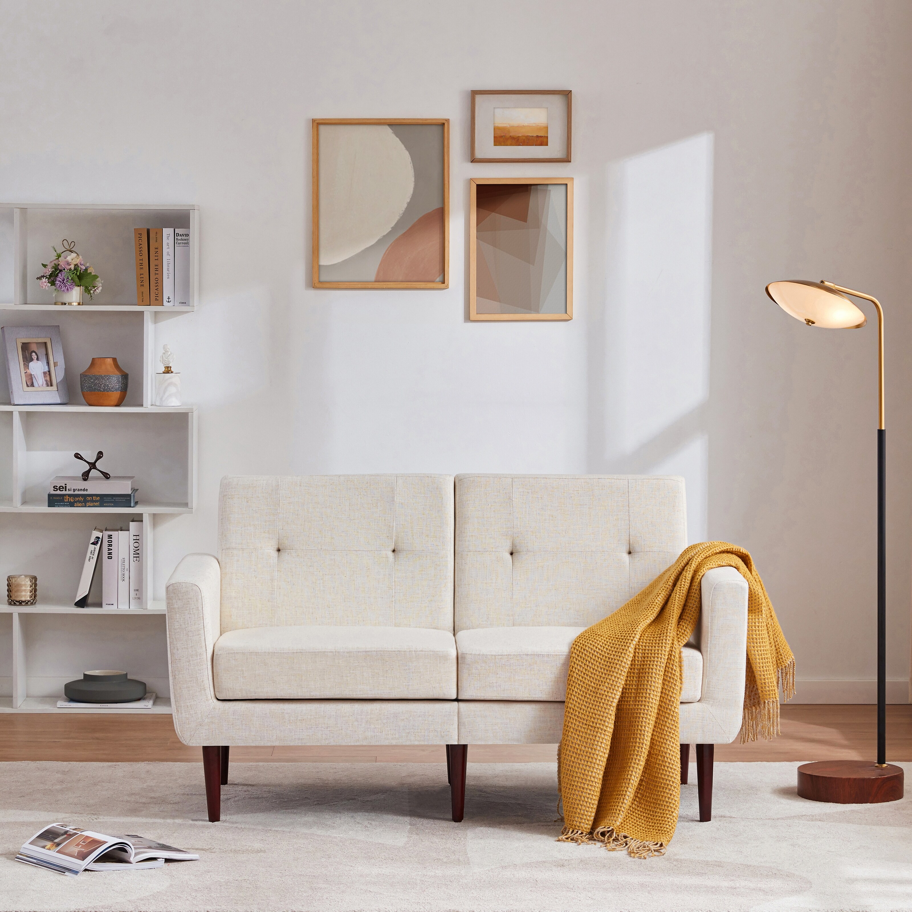 HUIMO Loveseat, Modern Small Couch with Button Tufted Upholstered Fabric Sofa Blue/ Ivory/ Grey Ivory