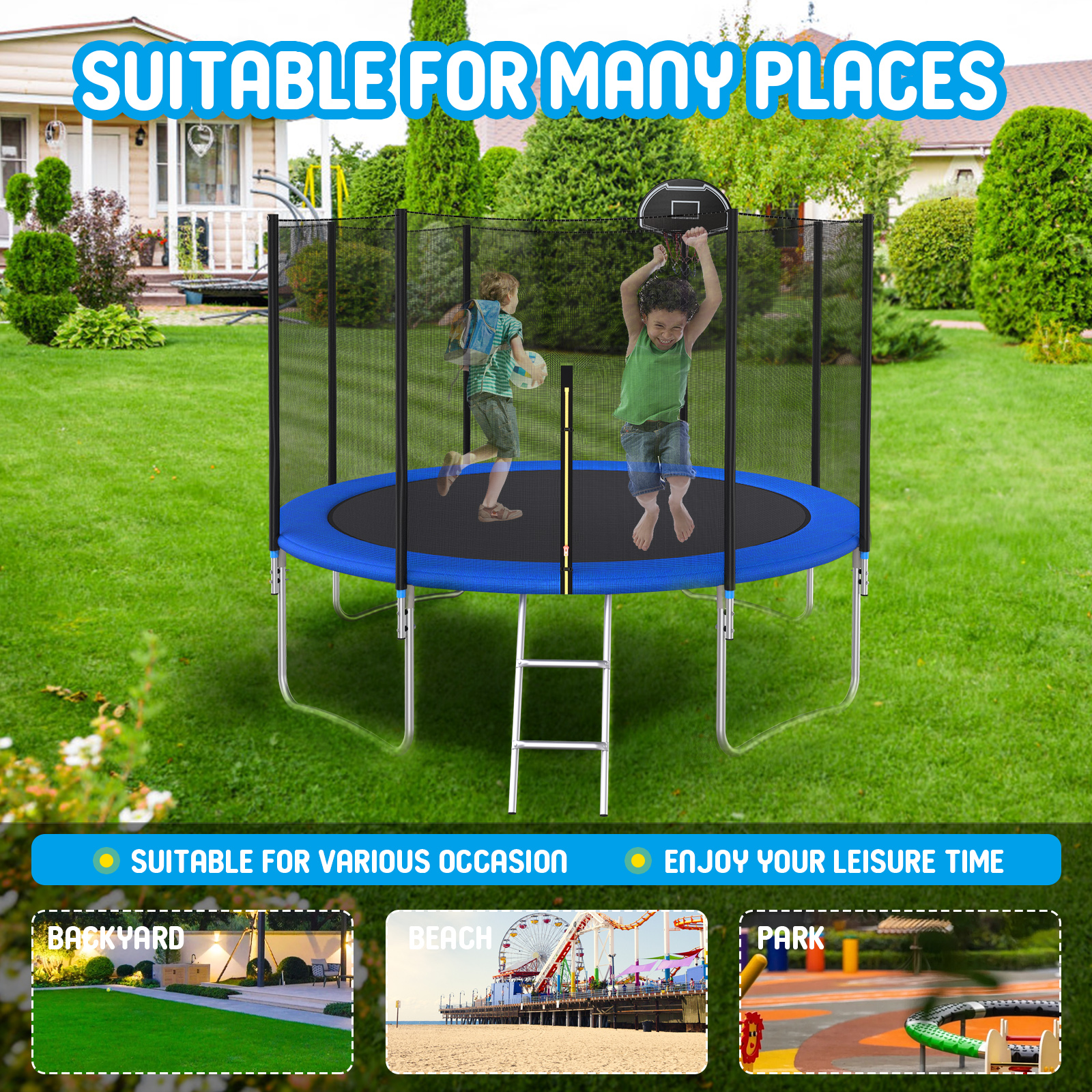 HEVAOTRY 12FT Trampoline with Steel Ladder & 1200lbs Capacity Safe Enclosure Net for Kids&Adults-Out Net