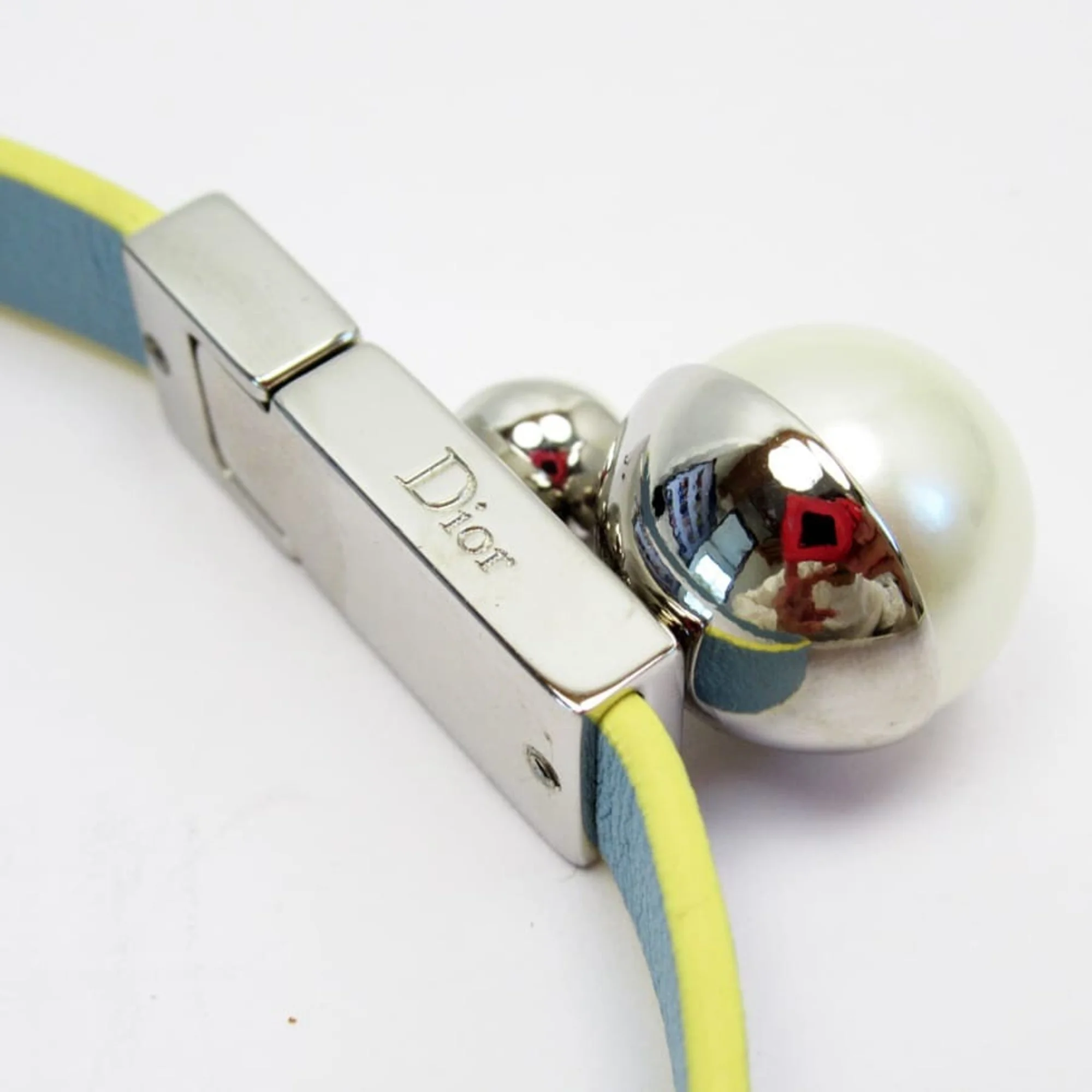 Pre-Owned Christian Dior Choker (S) Blue x Yellow Silver Pearl White Leather Metal Material Fake (Good)