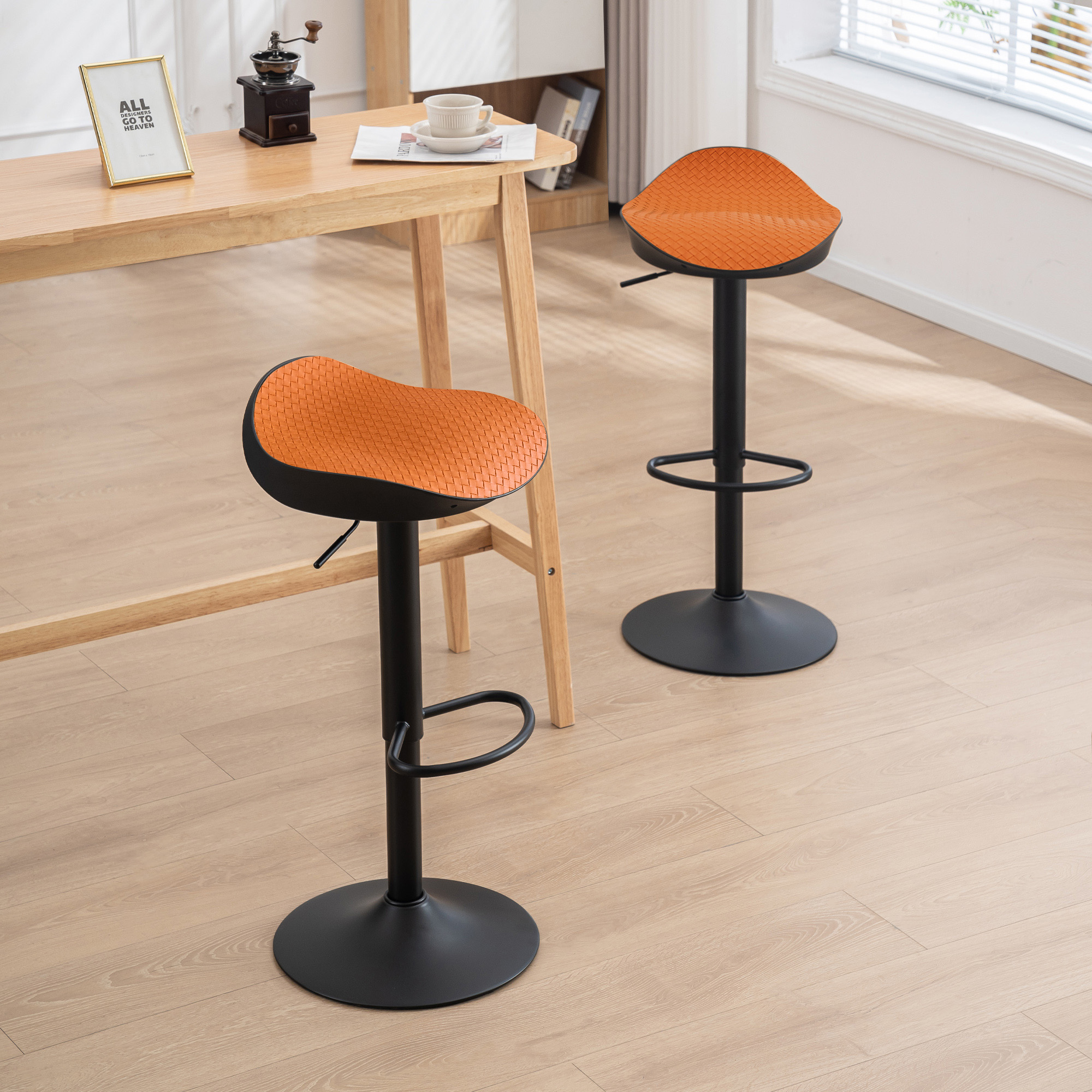 Armless Bar Stools Set of 2 Height Adjustable PU Braided Leather Seat Kitchen Bar Stools, Orange