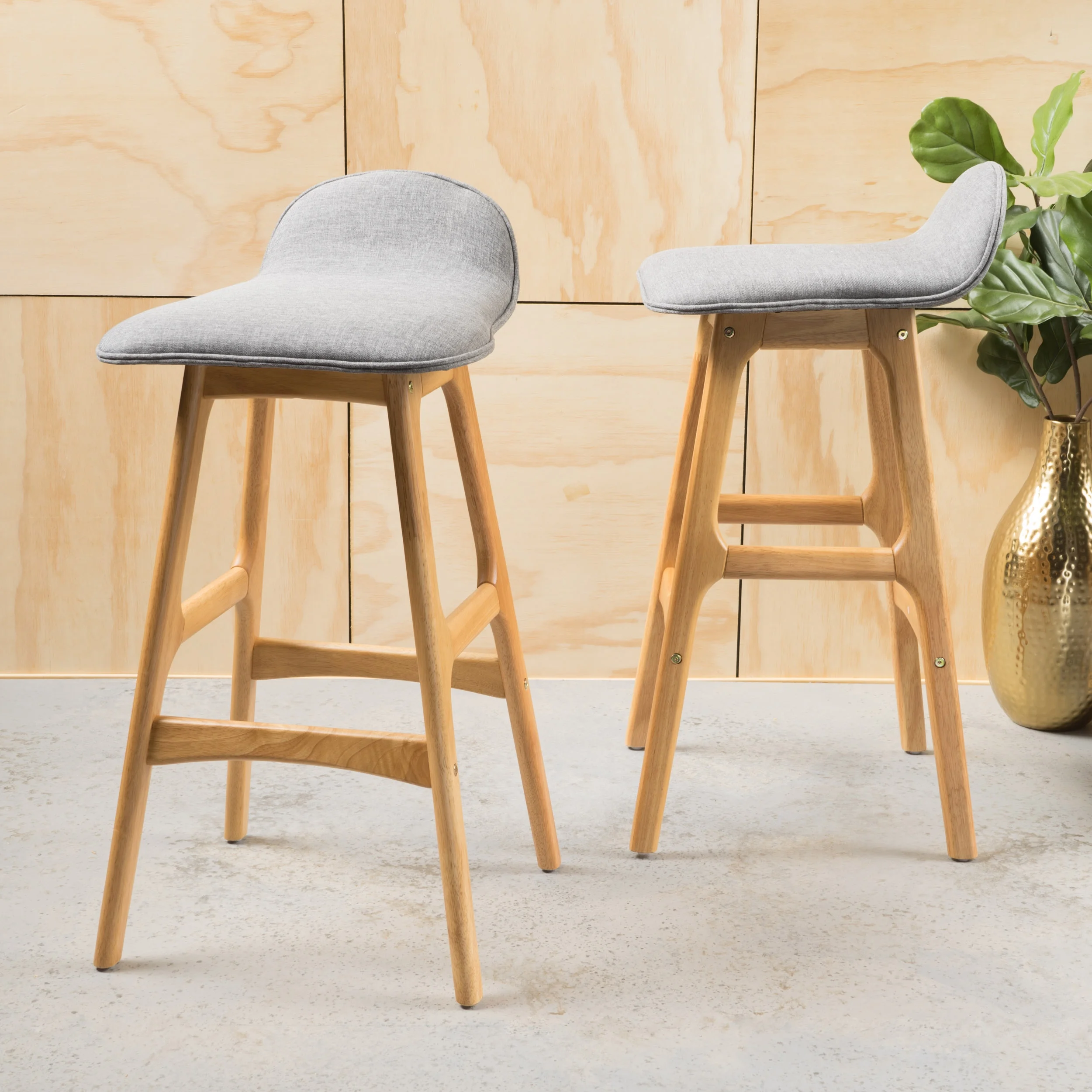 Tolle Mid-Century Modern Upholstered Barstools (Set of 2), Gray and Natural Oak