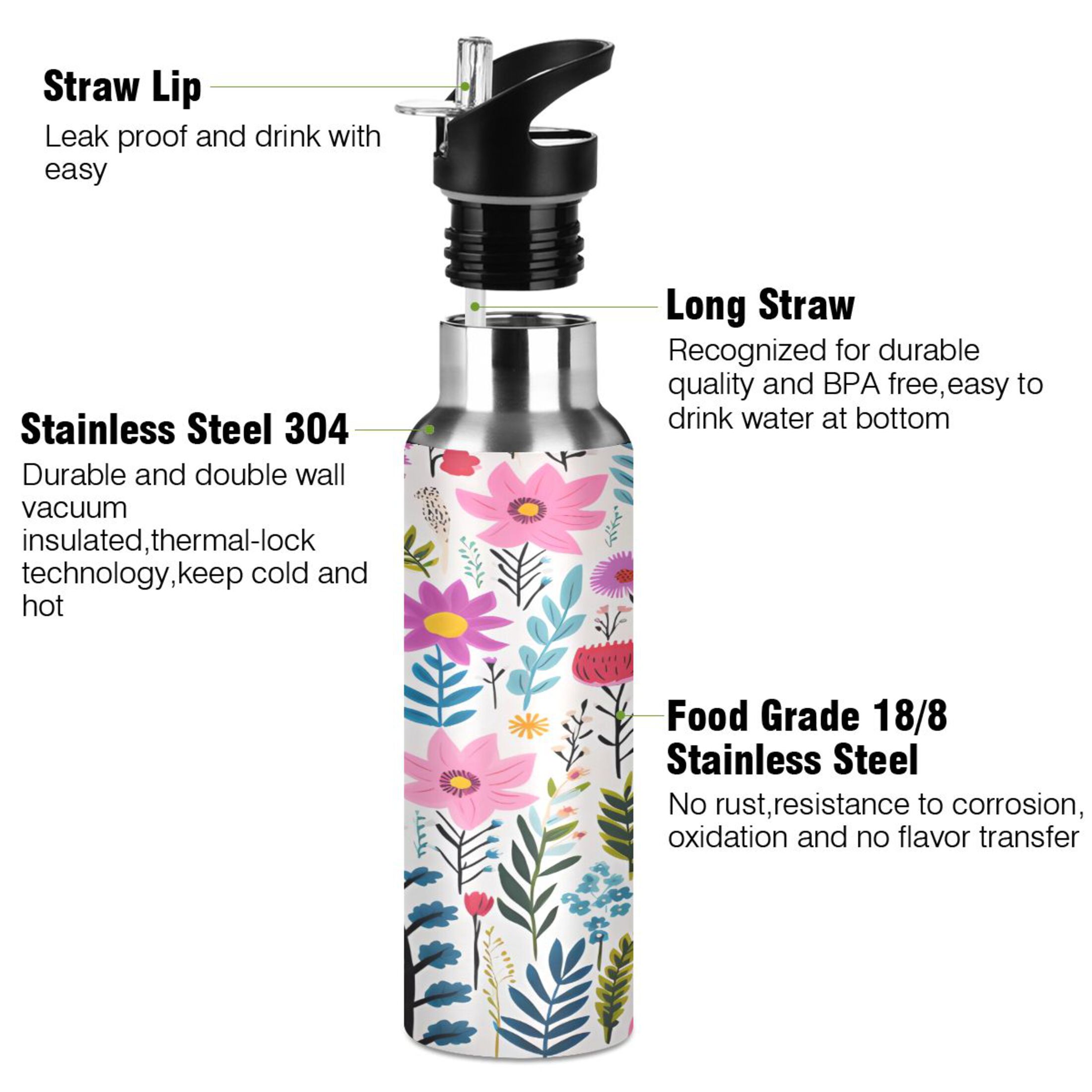 Water Bottle with Straw Lid Leak Pink Blue Flowers and Leaves Stainless Steel Insulated Thermos Vacuum Flask for Cold Hot Drinking for Sports Camping Gym Yoga