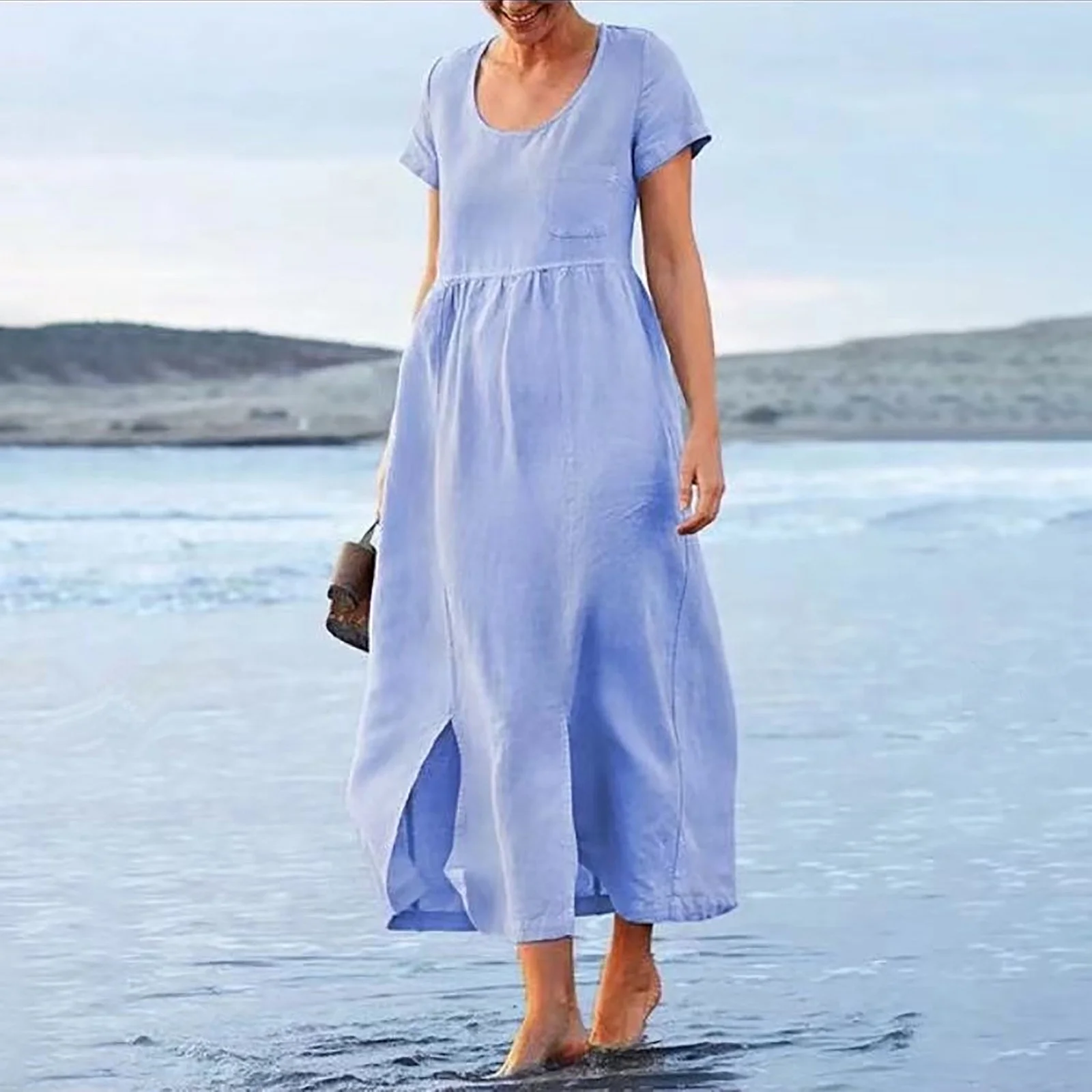 SZXZYGS Short Dresses for Women 2024 Petite Womens Casual High Slit Midi Dress Short Sleeve Crewneck Solid Tee Dress 2024 Women Dresses