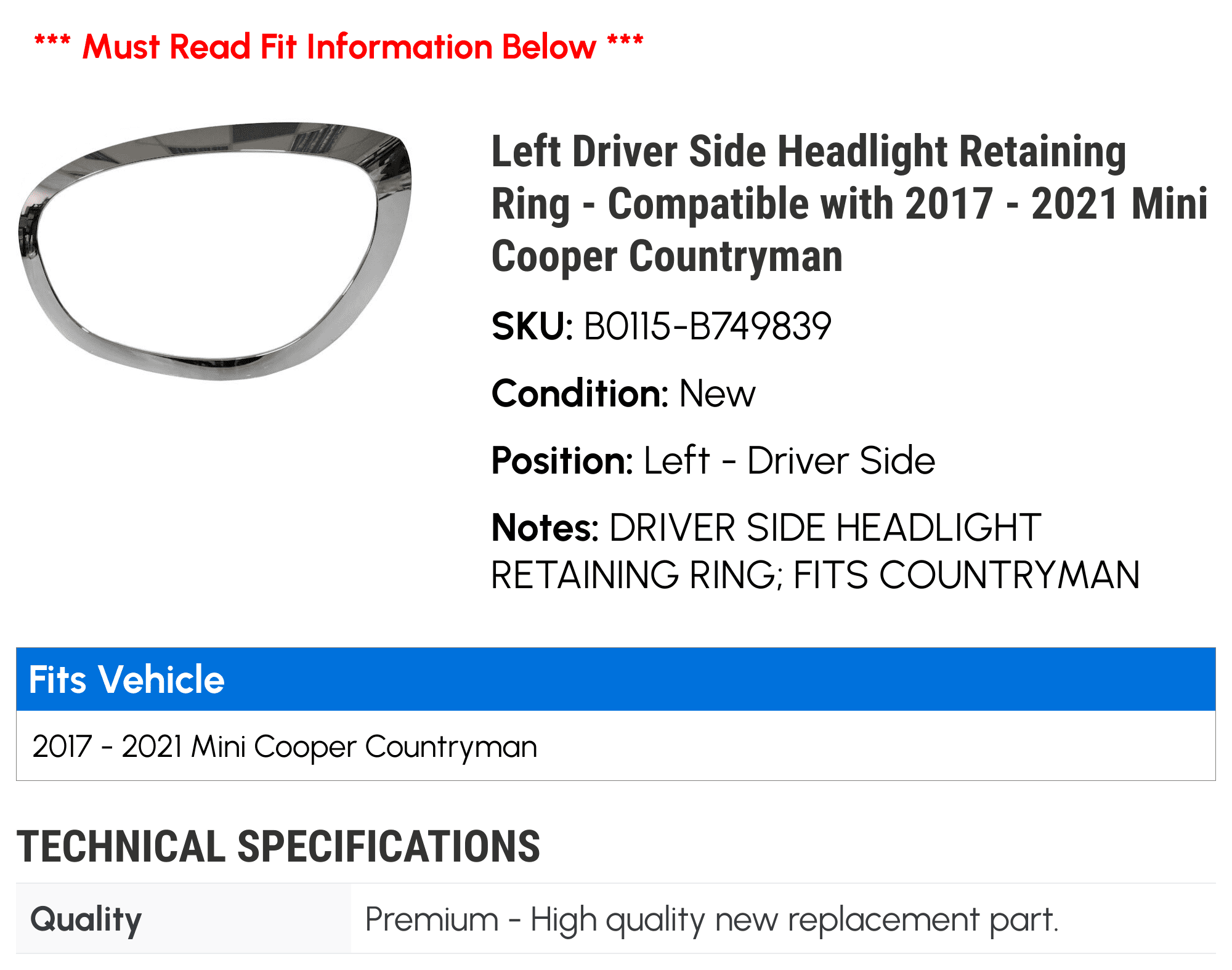 Left Driver Side Headlight Retaining Ring - Compatible with 2017 - 2021 Mini Cooper Countryman 2018 2019 2020