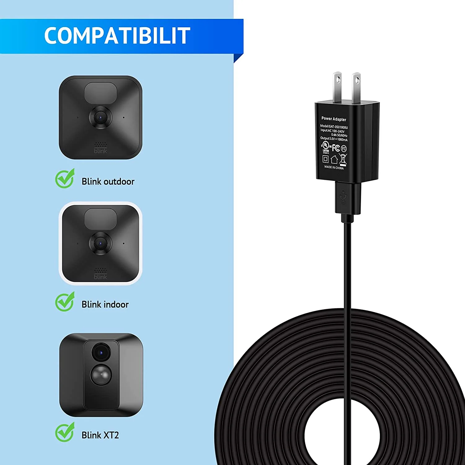 16ft Weatherproof Power Cord Compatible with Blink Outdoor & Blink Indoor & Blink XT2 & Blink XT, Power Adapter