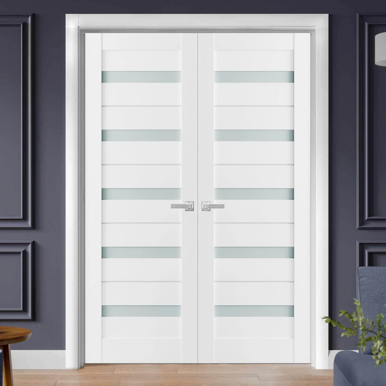 Solid French Double Doors 36 x 80 inches Frosted Glass | Quadro 4445 White Silk | Wood Solid Panel Frame Trims | Closet Bedroom Sturdy Doors