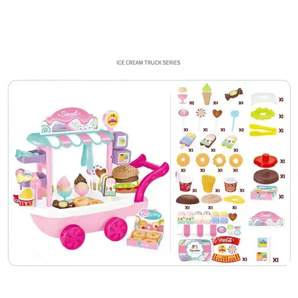 CHUANK Ice Cream Cart 36pcs Dessert Candy Trolley Kitchen Toy Set With Umbrella Food Dishes Kids Educational Pretend Play Early Learning Cooking Truck Great Gift For Preschool Children Girls