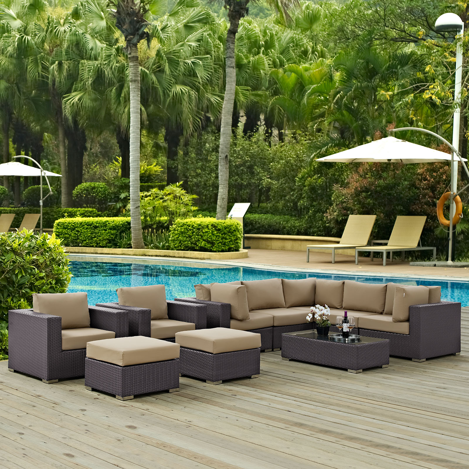 Modern Contemporary Urban Design Outdoor Patio Balcony Ten PCS Sectional Sofa Set, Brown, Rattan