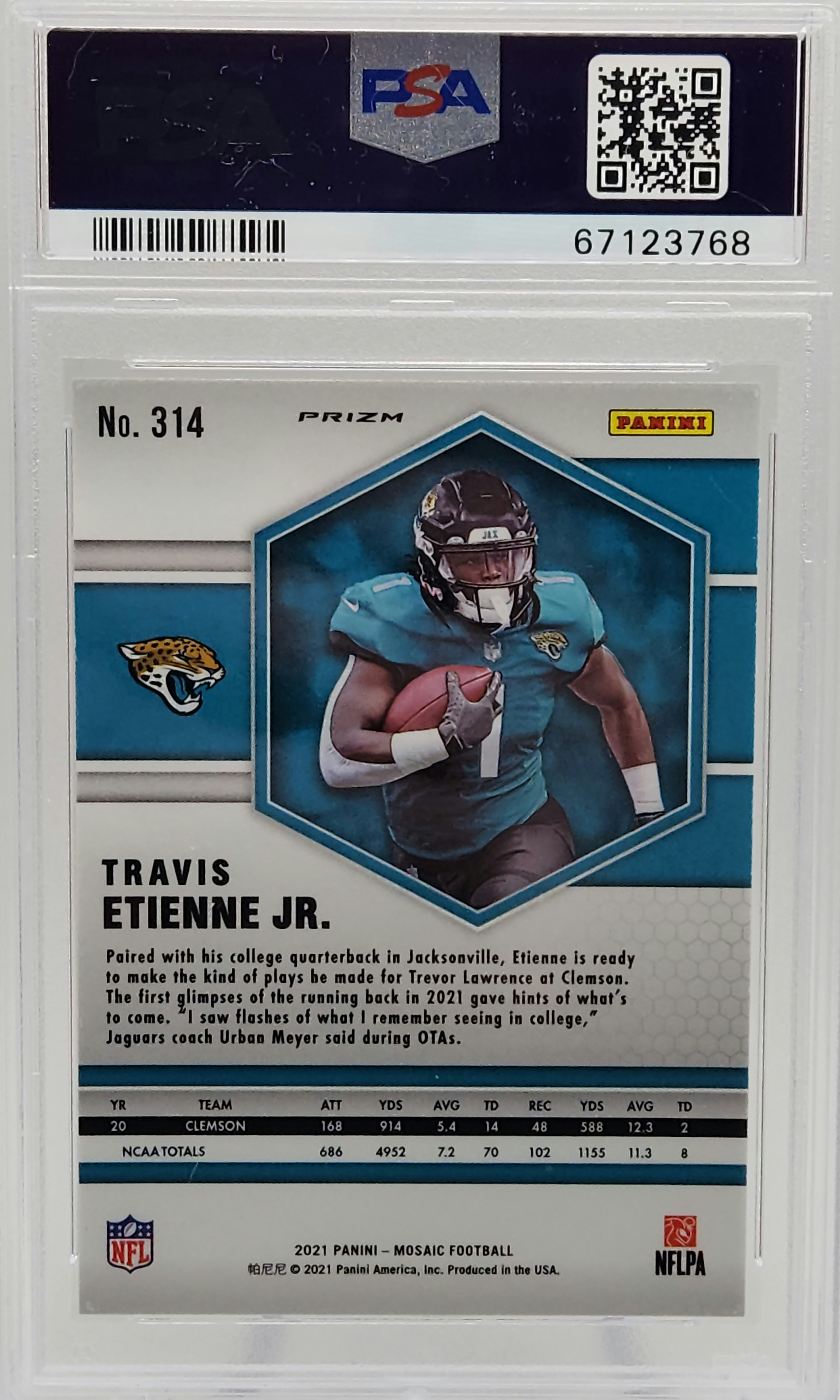 Travis Etienne Jaguars 2021 Mosaic Reactive Orange Prizm Rookie Card #314 PSA 10