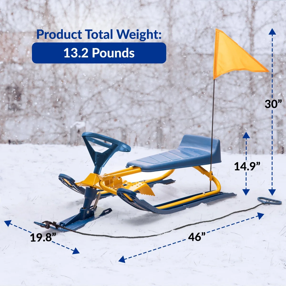 Machrus Frost Rush Snow Sled with Steering Wheel, Twin Brakes, Pull Rope & Safety Flag - Winter Racer Snow Sled for Kids and Adults for Sledding