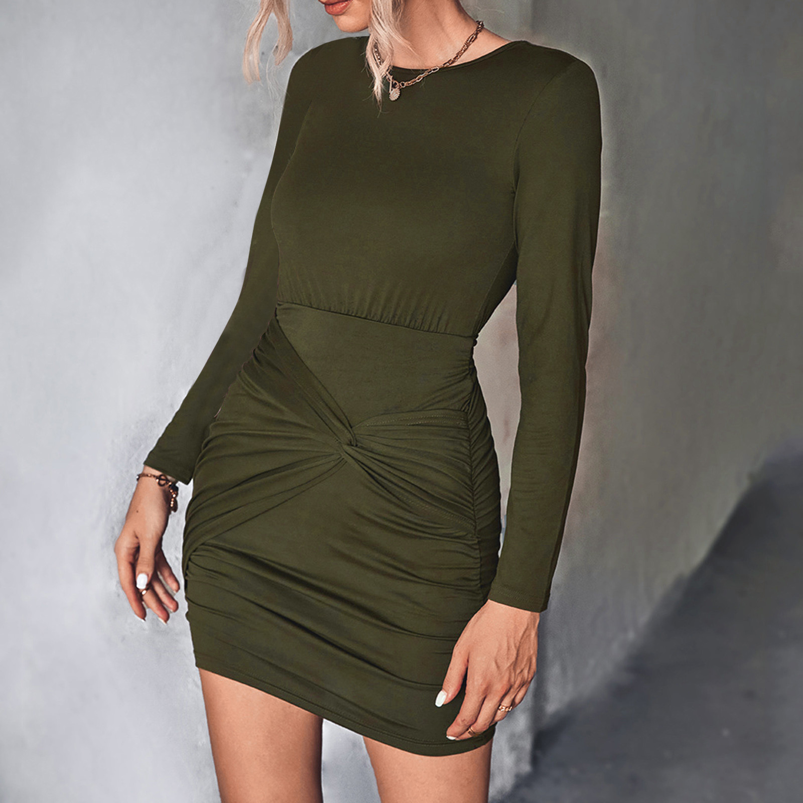 SZXZYGS Spring Dresses for Women 2024 Midi Wedding Guest Ladies Classic Solid Color Casual Crew Neck Dress 2024 Women Dresses