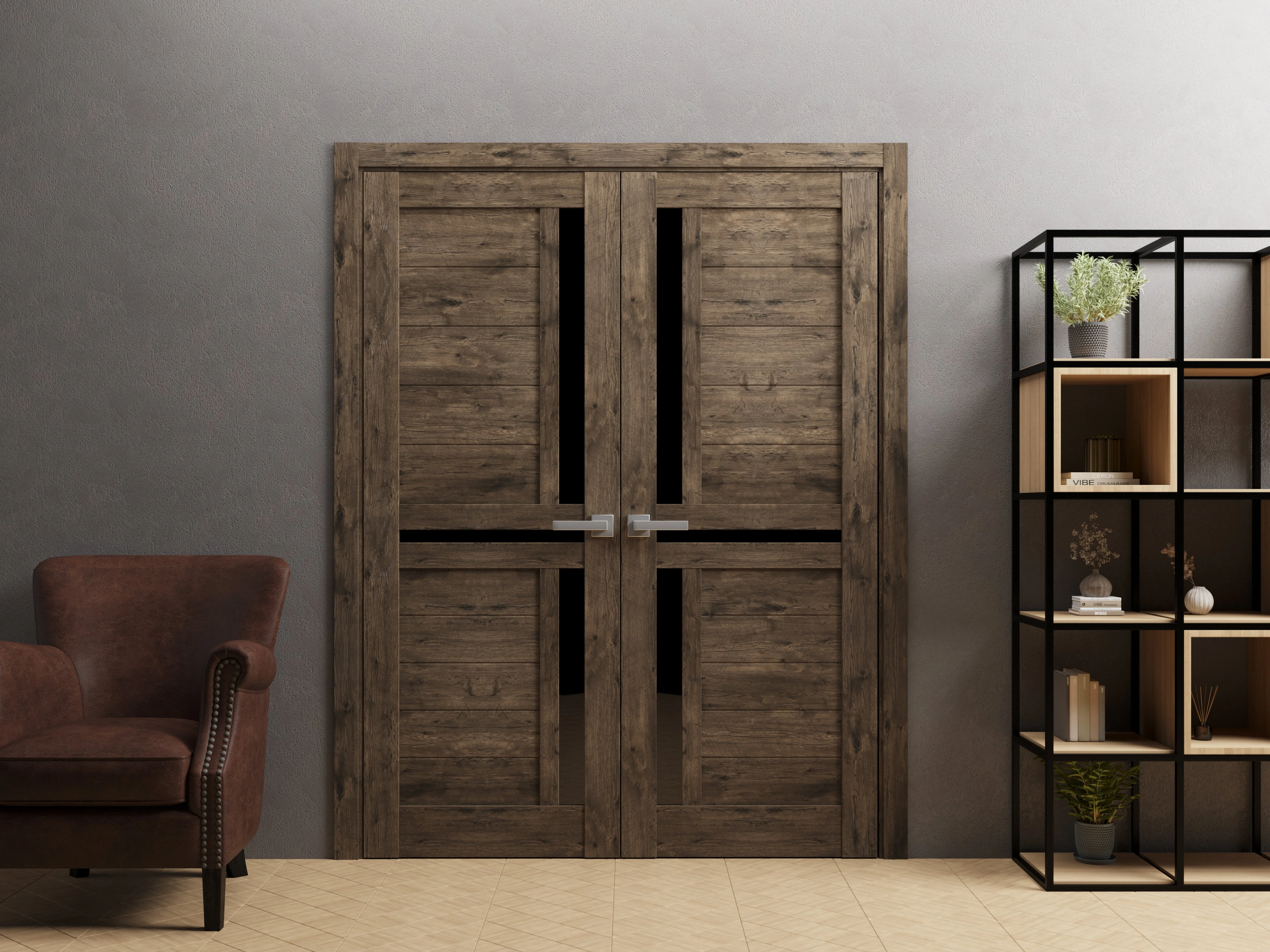 Solid French Double Doors 64 x 84 inches | Veregio 7588 Cognac Oak with Black Glass | Wood Solid Panel Frame Trims | Closet Bedroom Sturdy Doors