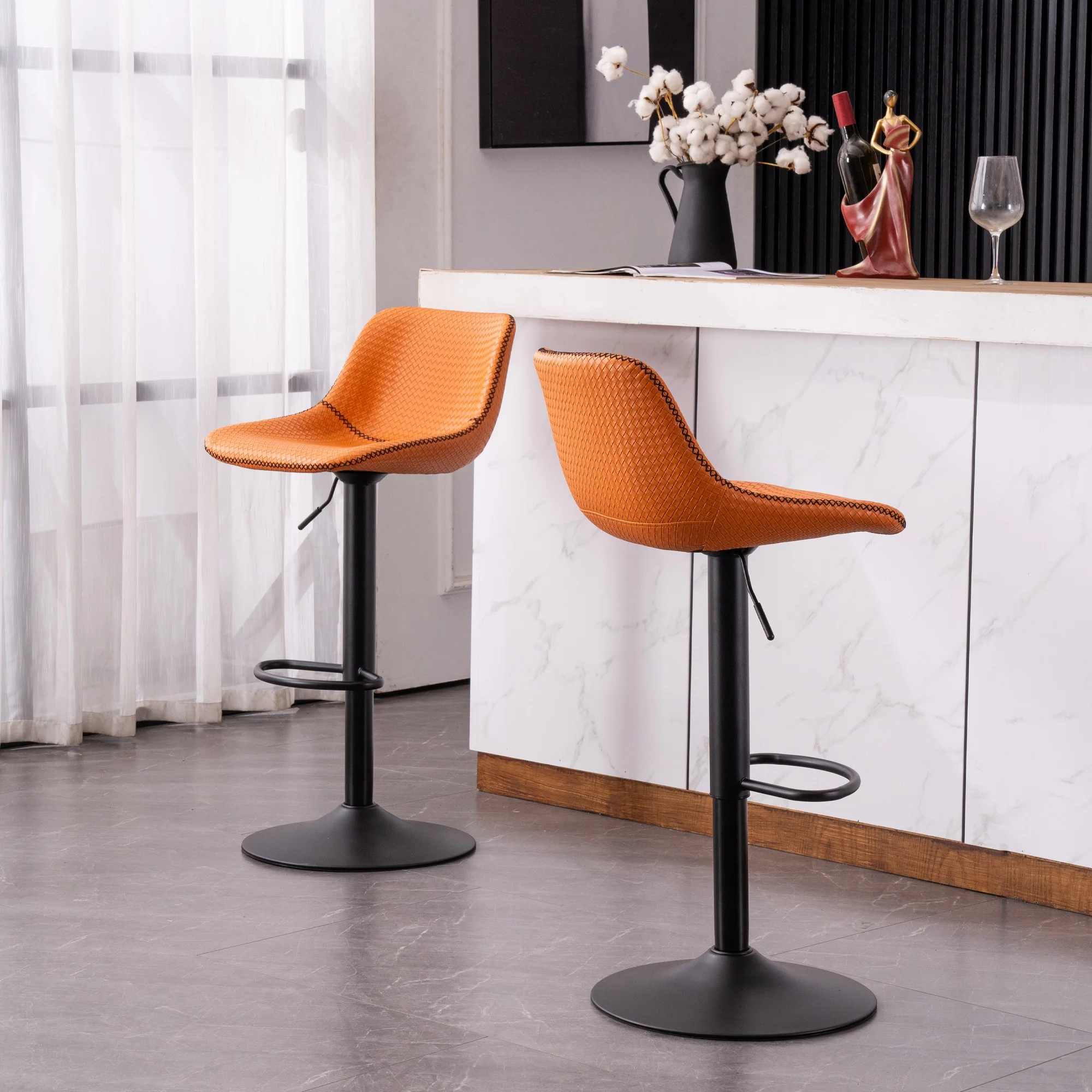 YOUNIKE Bar Stools Set of 2, Orange Comfortable PU Leather Swivel Counter Bar Stools with Back