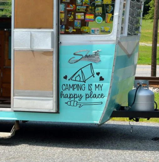 RV Wall Art Decal Decor Camping Happy Place Tent Camper Stickers Quote 18x18-Inch Glossy Black