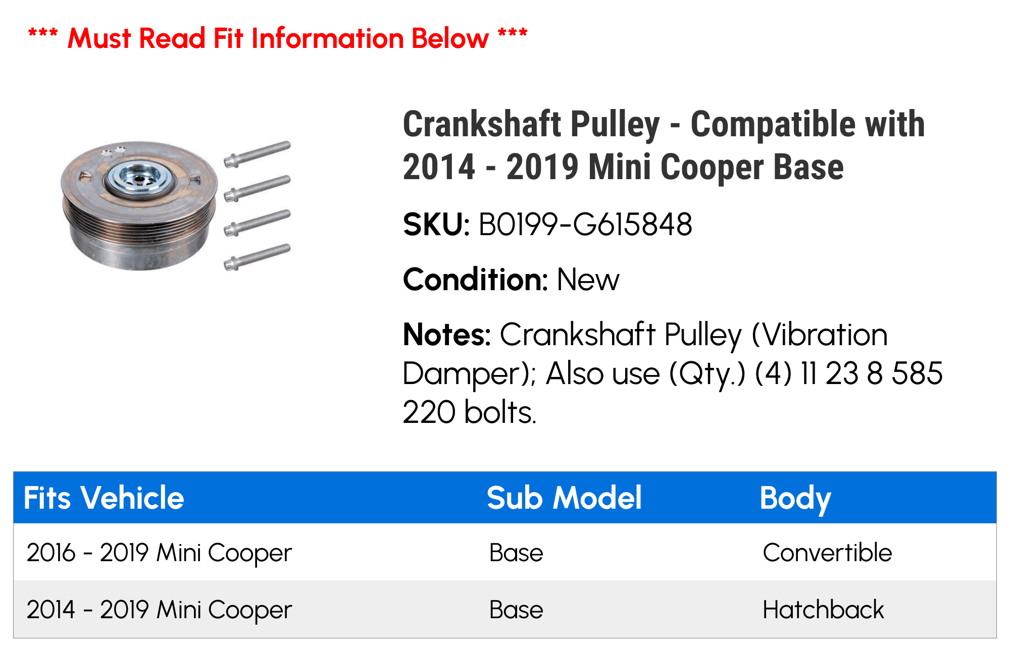 Crankshaft Pulley - Compatible with 2014 - 2019 Mini Cooper Base 2015 2016 2017 2018