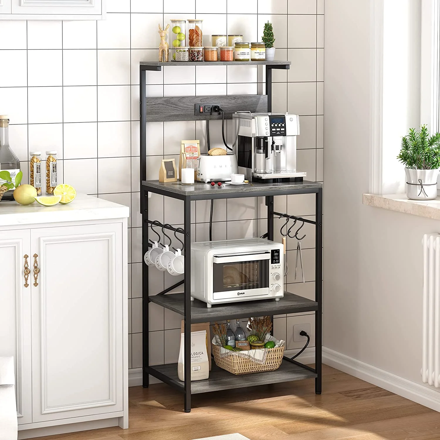 YONG Kitchen Bakers Rack with Power Outlet, Coffee Bar Table 4 Tiers, Kitchen Microwave Stand with 6 S-Shaped Hooks, Kitchen Storage Shelf Rack for Spices, Pots and Pans - Charcoal Gray