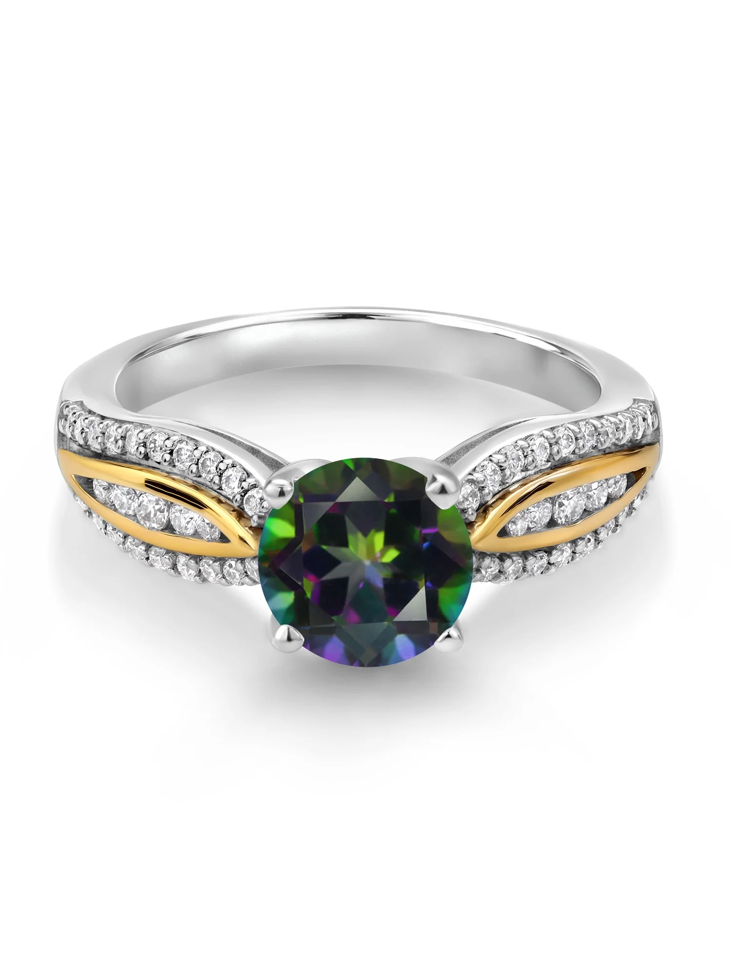 Gem Stone King 925 Silver and 10K Yellow Gold Green Mystic Topaz and White Lab Grown Diamond Ring For Women (1.55 Cttw, Round 7MM, Gemstone Birthstone, Available in Size 5, 6, 7, 8, 9)