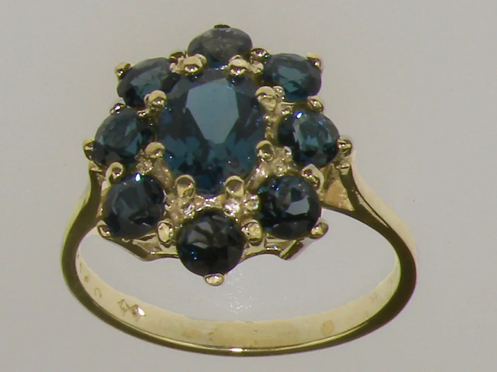 LBG British Made 10k Yellow Gold Natural London Blue Topaz Womens Statement Ring - 33 size options - Size
