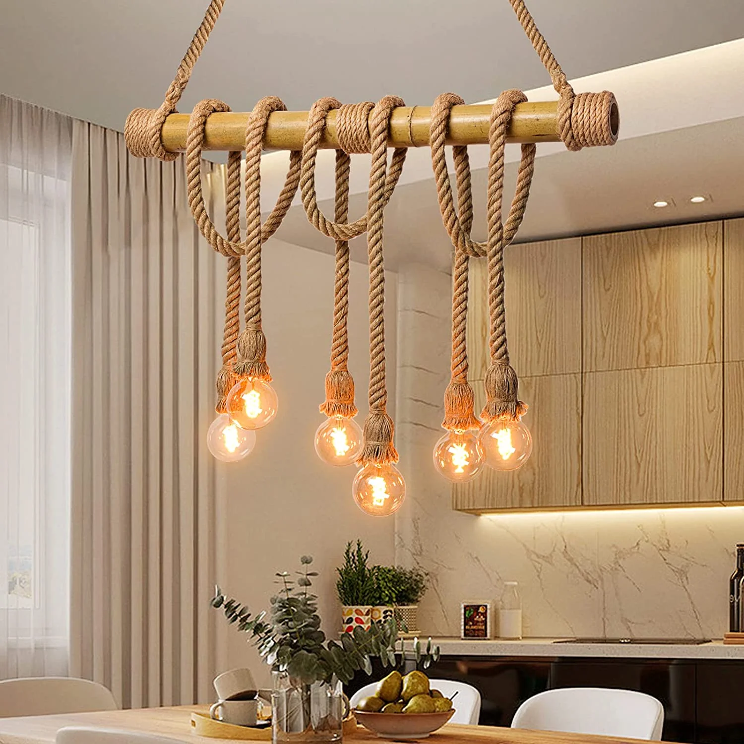 Arturesthome 6 Heads Hemp Rope Pendant Light, Vintage Bamboo Chandeliers Fixture Kitchen Island, Rustic Industrial Hanging Lamp for Bedroom Restaurant Cafe Bar Country Style Decoration