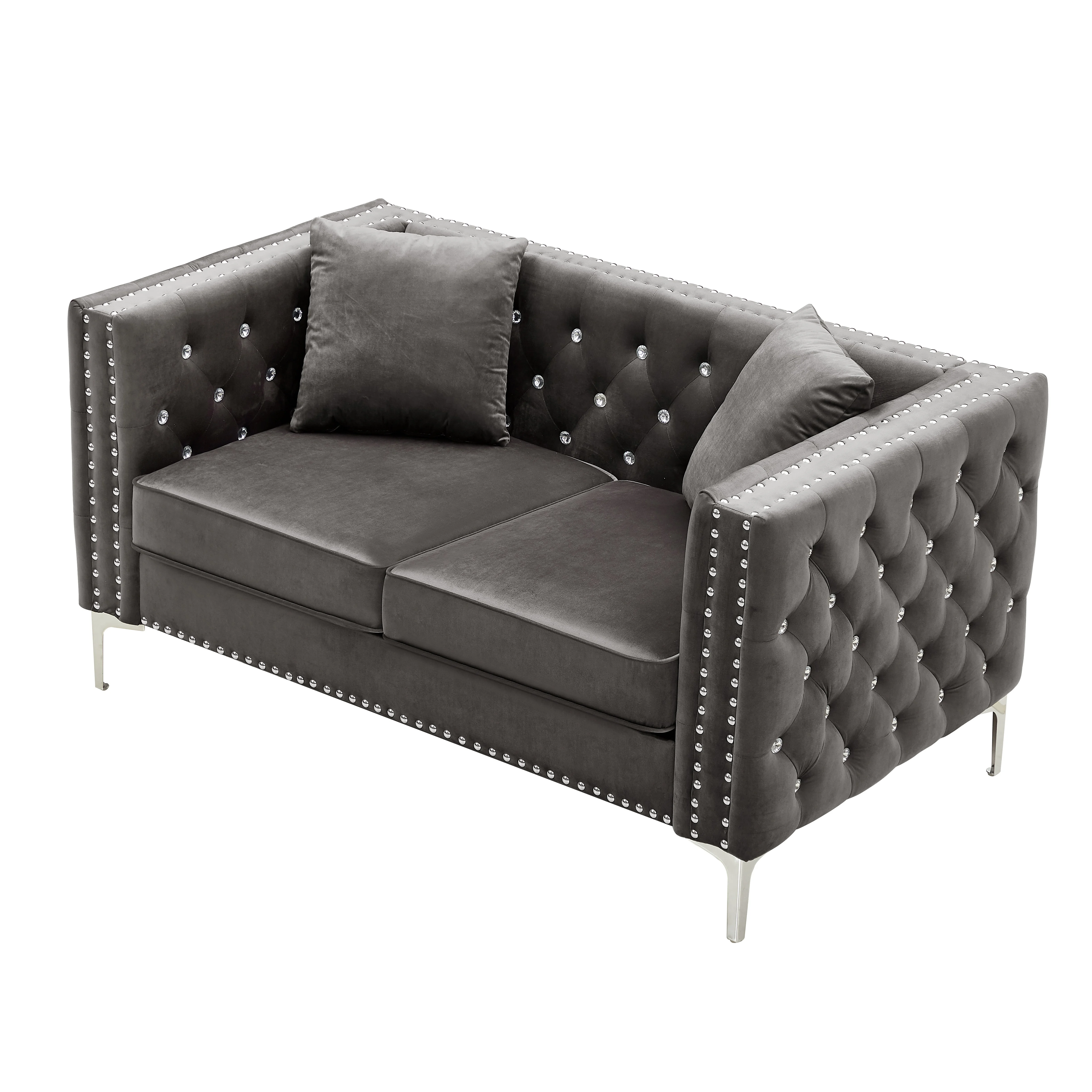 Modern Jeweled Button Tufted Velvet Loveseat, Upholstered Sofa Couch with 2 Pillows Metal Legs for Living Room Bedroom Office