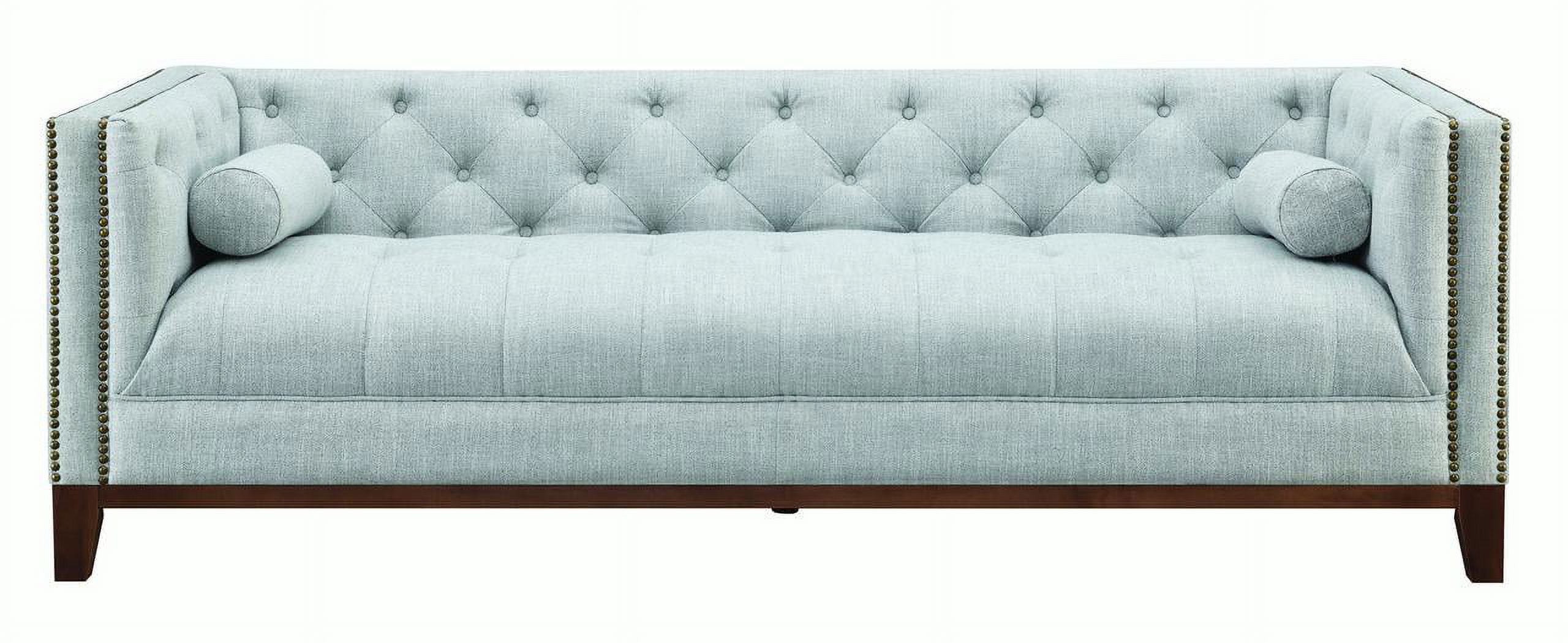 Fabric Upholstered Wooden Sofa with Button Tufted Back and Nail head Trims, White and Brown