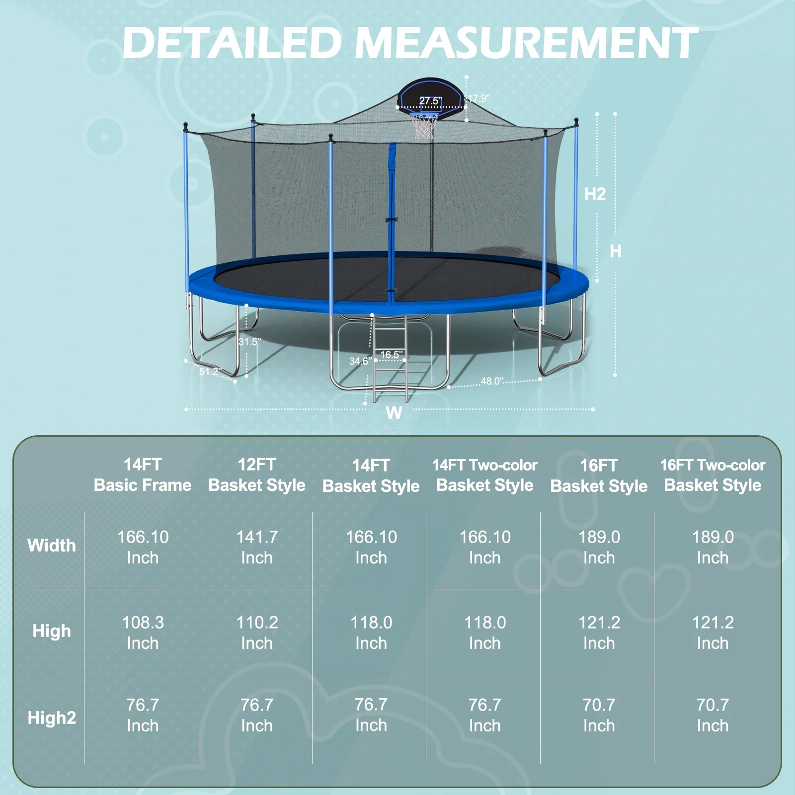 14FT Outdoor Trampoline with Basketball Hoop & Safety Enclosure Net& Ladder Heavy Duty Jumping Mat for Kids and adults