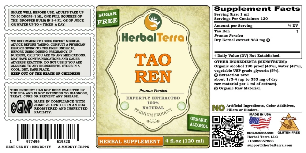 Tao Ren Dry Kernel Absolutely Natural Expertly Extracted by Trusted HerbalTerra Brand Certified Organic Alcohol-Based Liquid Extract. Proudly made in USA. Tincture 4 Fl.Oz
