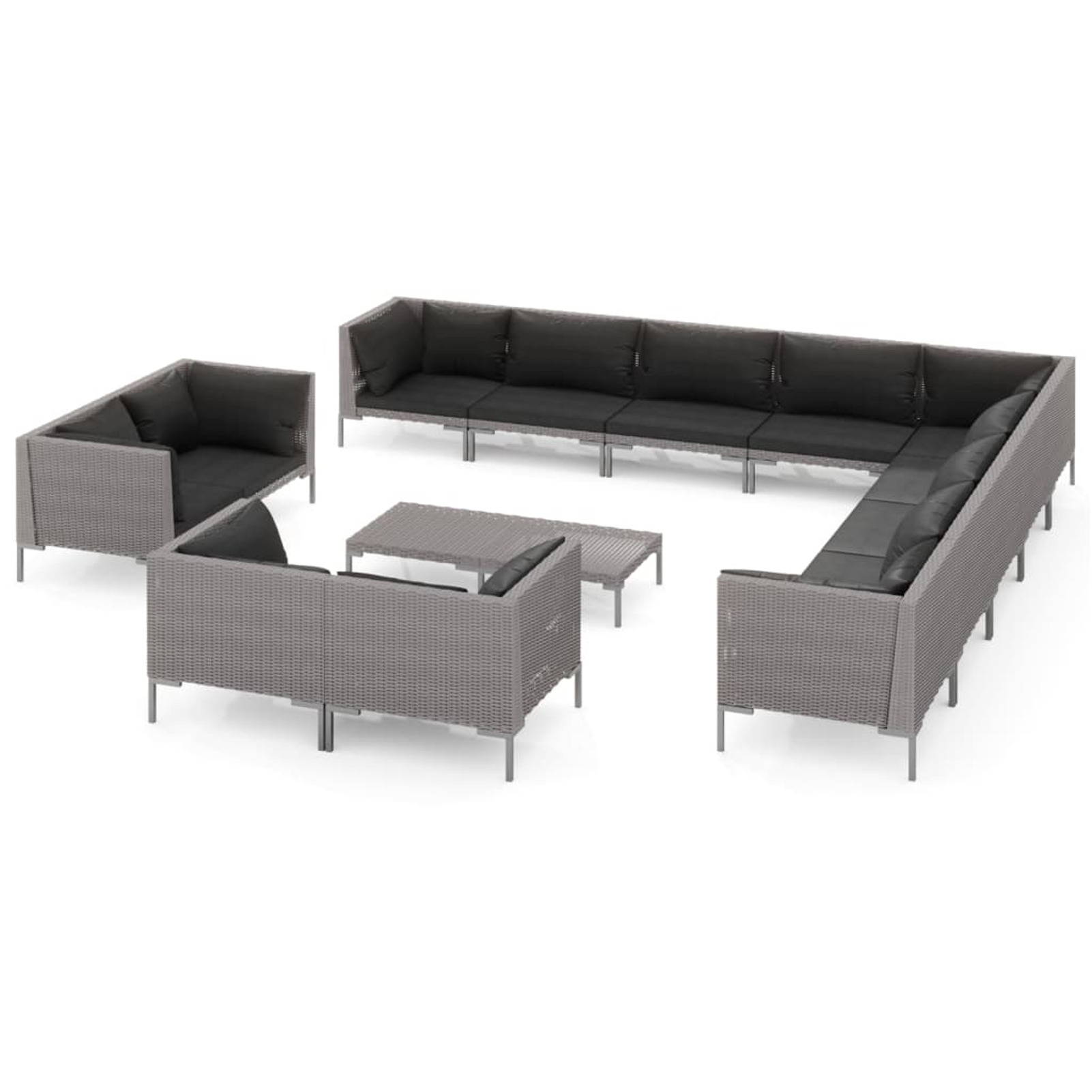Anself 14 Piece Patio Lounge Set with Cushions 7 Corner and 6 Middle Sofas and Coffee Table Conversation Set Poly Rattan Dark Gray Outdoor Sectional Sofa Set for Garden, Balcony, Yard, Deck, Lawn