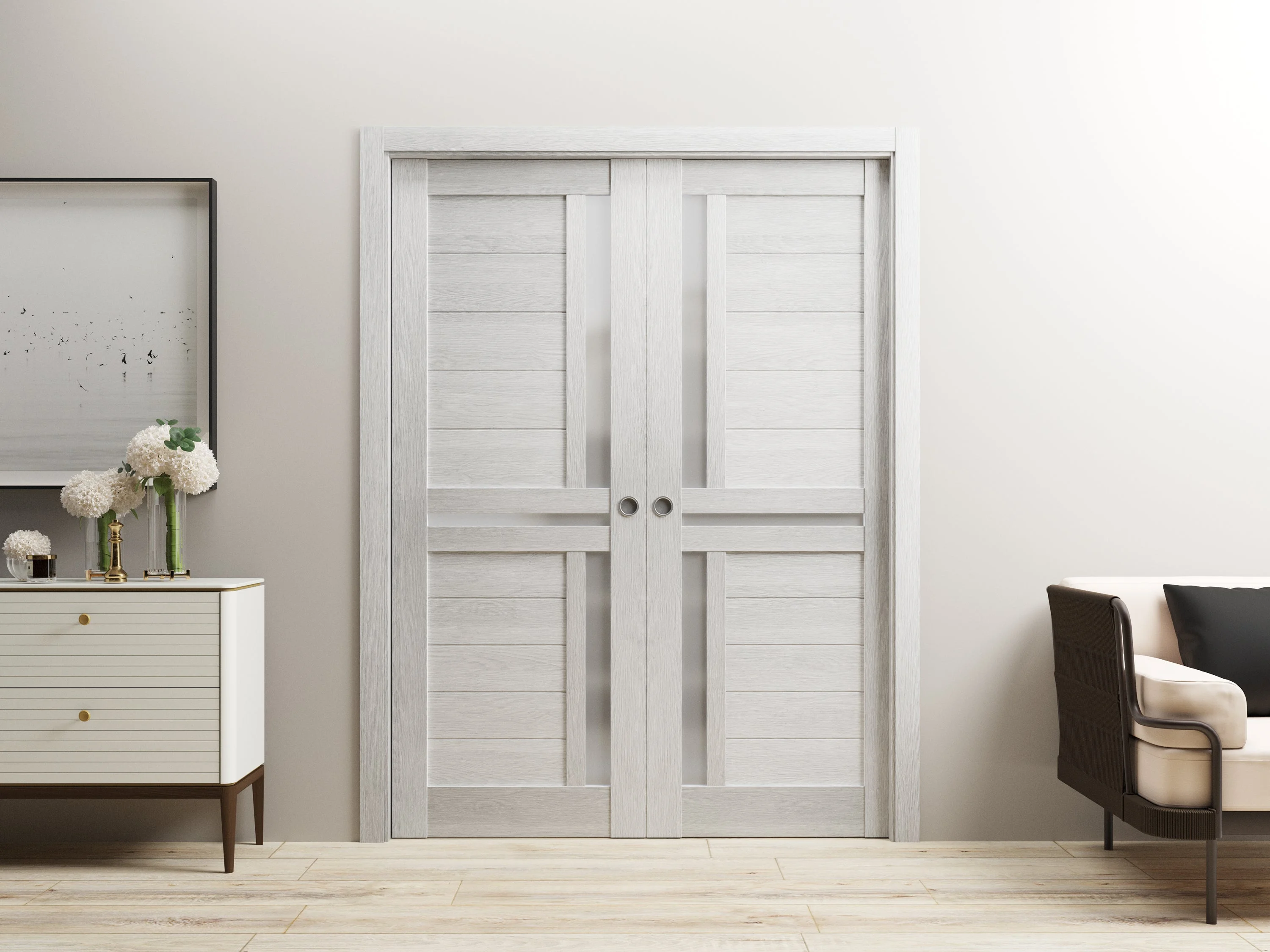 Sturdy Double Barn Door 36 x 80 inches | Quadro 4445 Nebraska Grey with Frosted Glass | 13FT Rail Hangers Heavy Set | Solid Panel Interior Doors