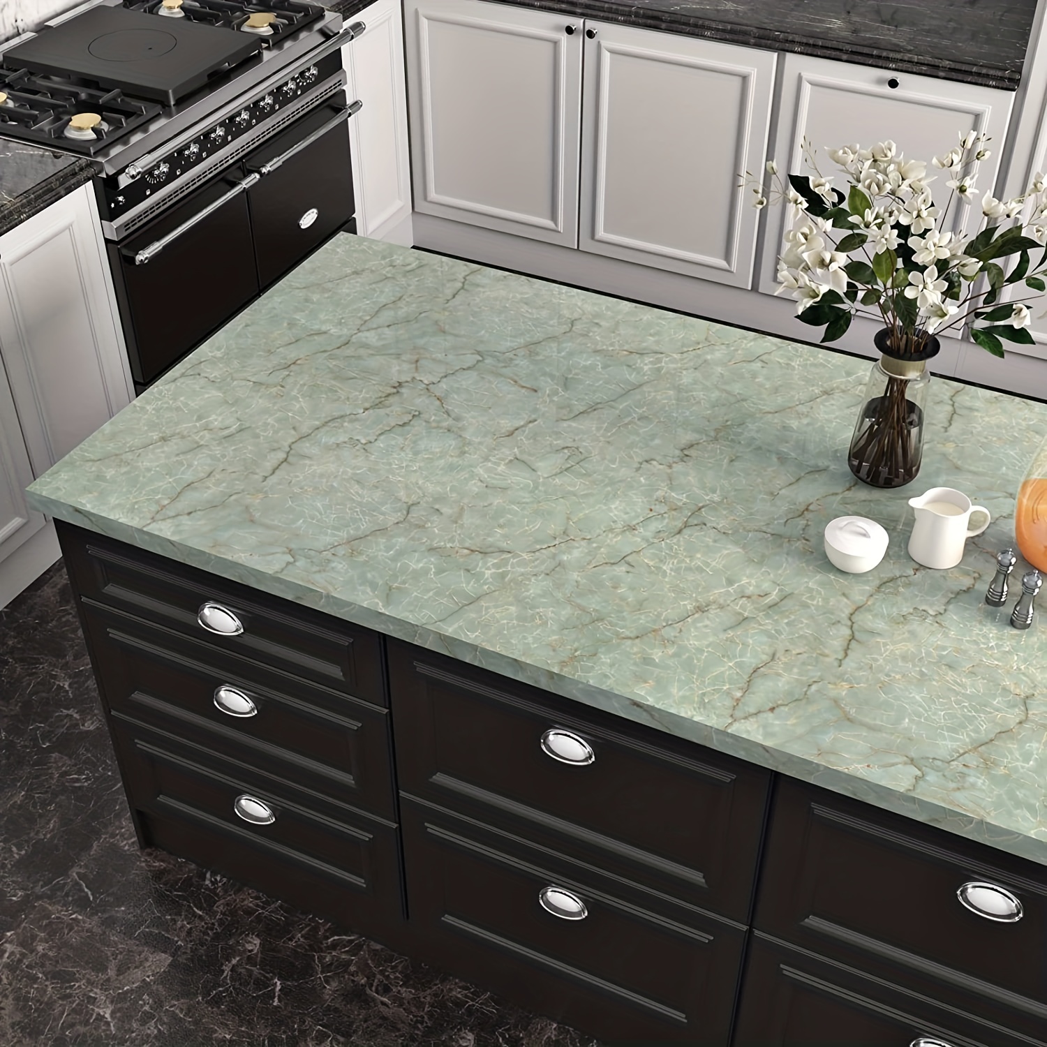 1 Roll, Cyan Glossy Film Marble Wallpaper Peel And Stick Easy To Erase Stains Refrigerator Speaker Dryer Cabinet Oven Appliances Furniture Room Background Kitchen Refurbishment Wallpaper Home Decor