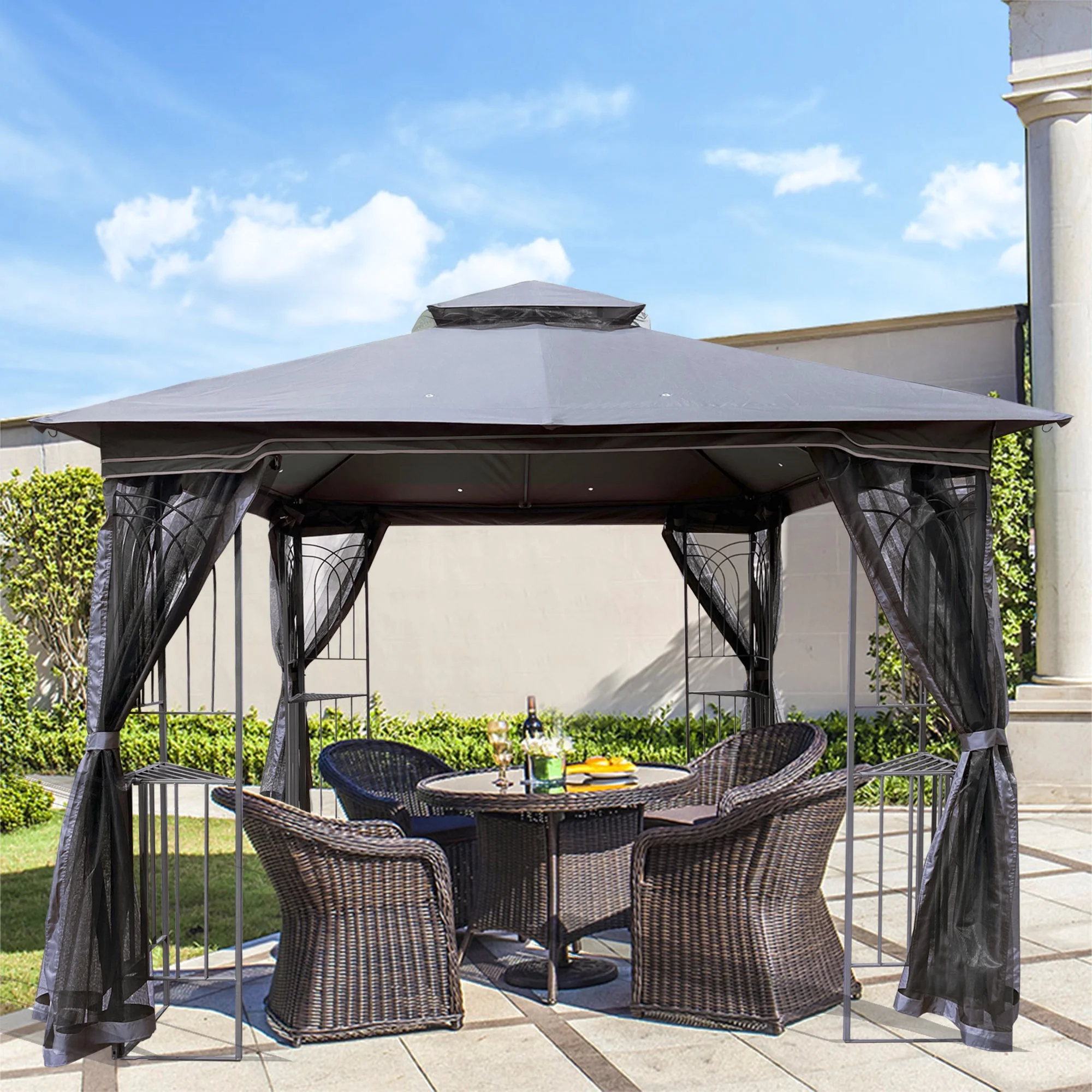 10' x 10' Outdoor Patio Gazebo Canopy Shelter Sidewalls Netting w/ With Ventilated Double Roof And Mosquito net(Detachable Mesh Screen On All Sides), Gray