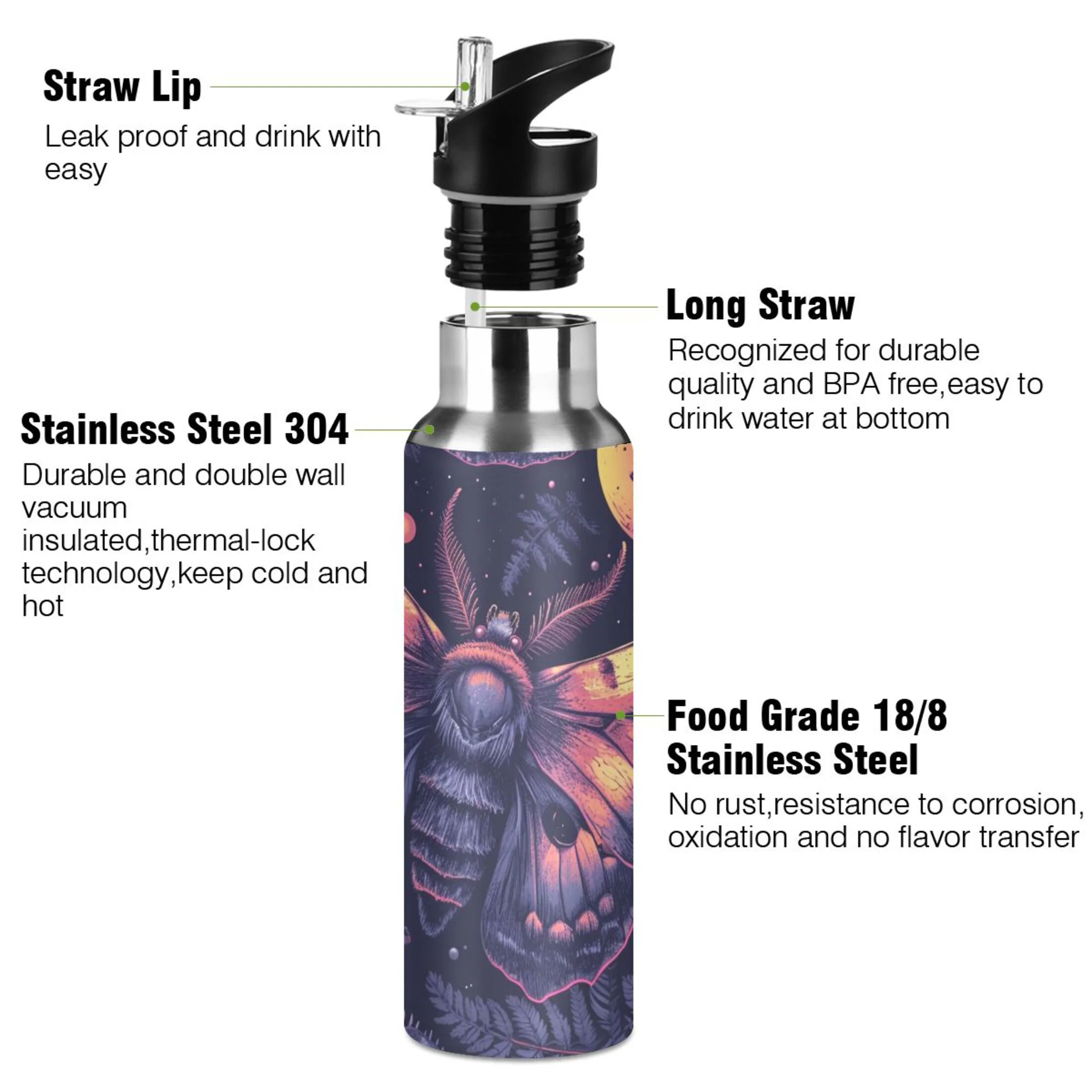Butterfly Skeleton Skull Head Water Bottles Insulated Thermos Kids Stainless Steel Bottle with Straw Lid Flask Leakproof for Sports Gym 20 oz