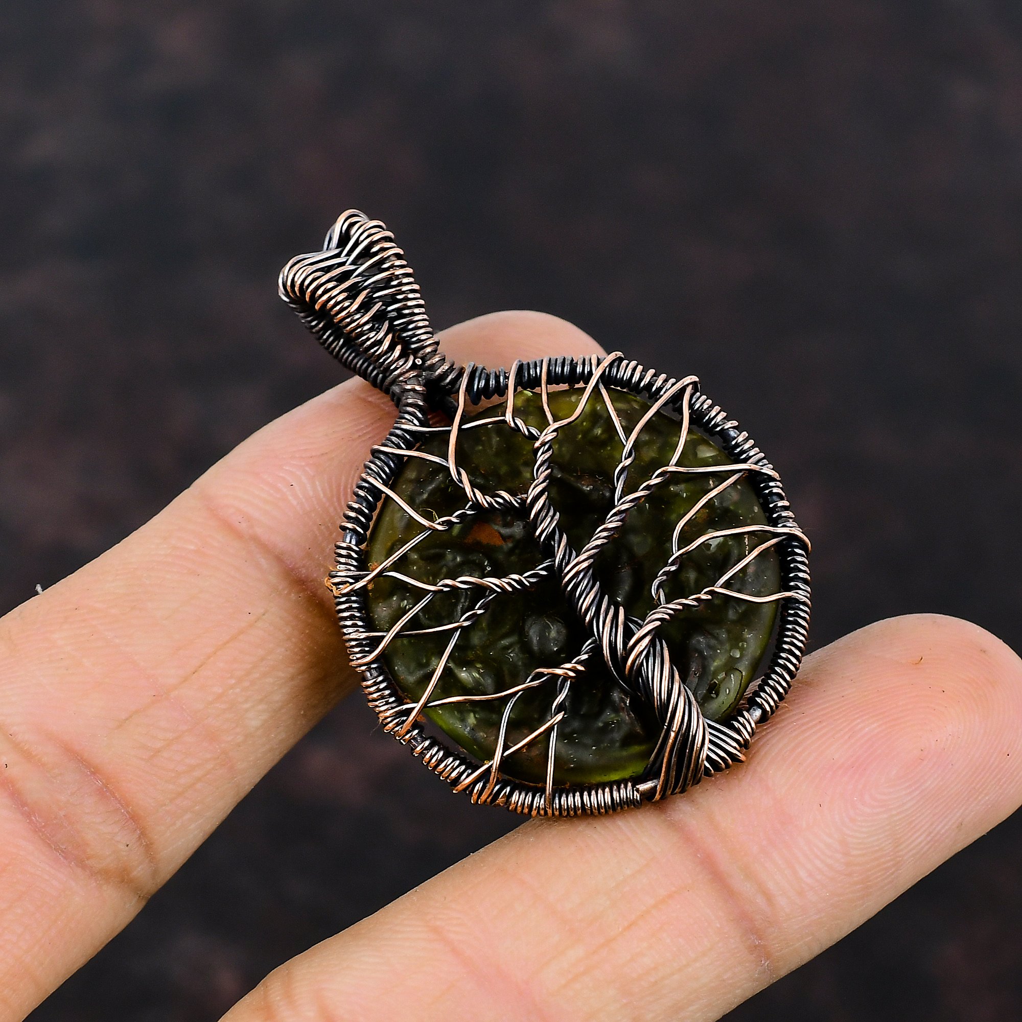 Tree Of Life Moldavite Pendant Real Gemstone Pendant Copper Wire Wrapped Pendant