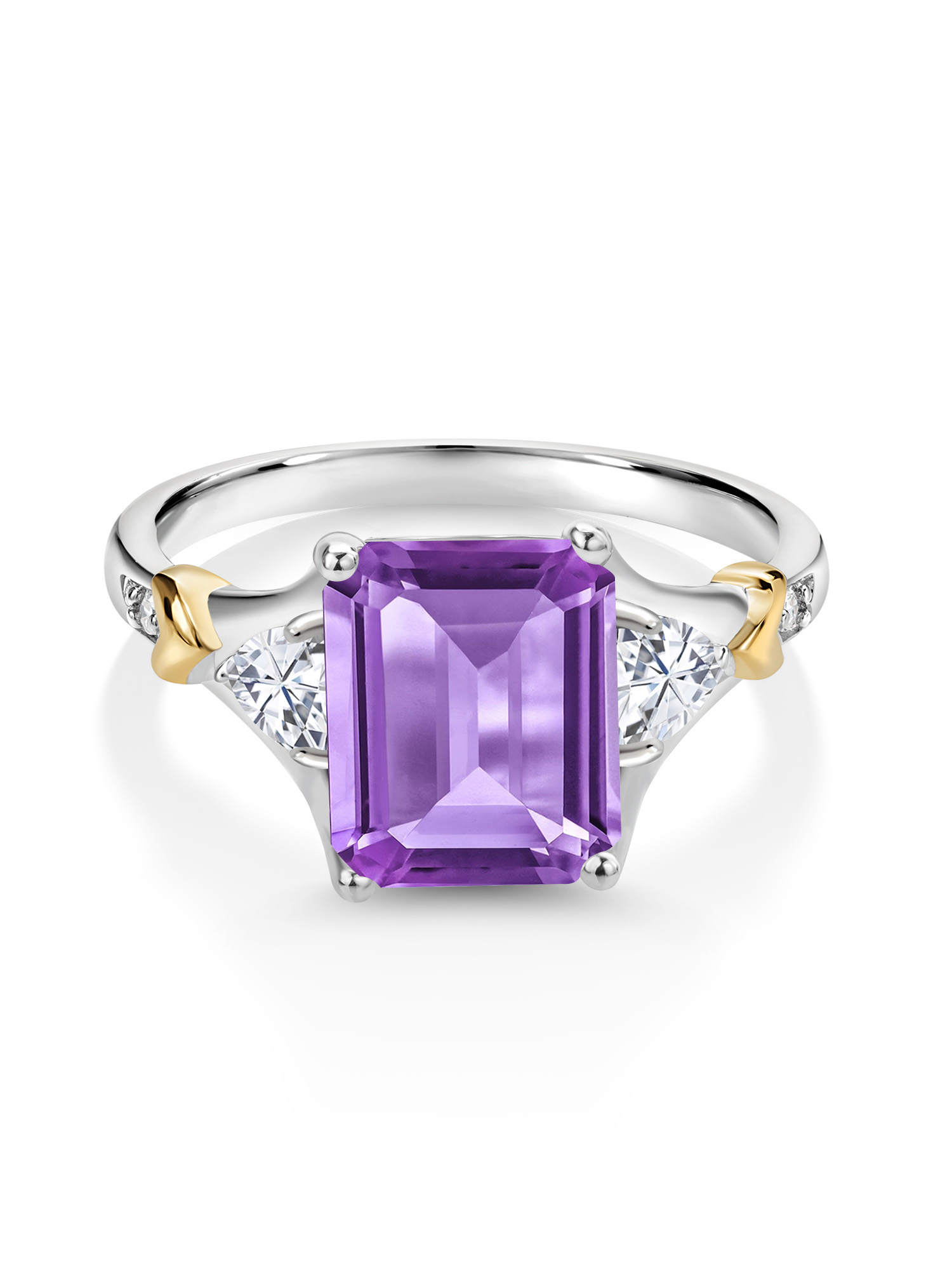 925 Silver and 10K Yellow Gold Purple Amethyst and Forever Classic Moissanite From Charles & Colvard and Diamond Engagement Ring For Women (3.84 Cttw, Emerald Cut 10X8MM, Trillion 3.5MM)