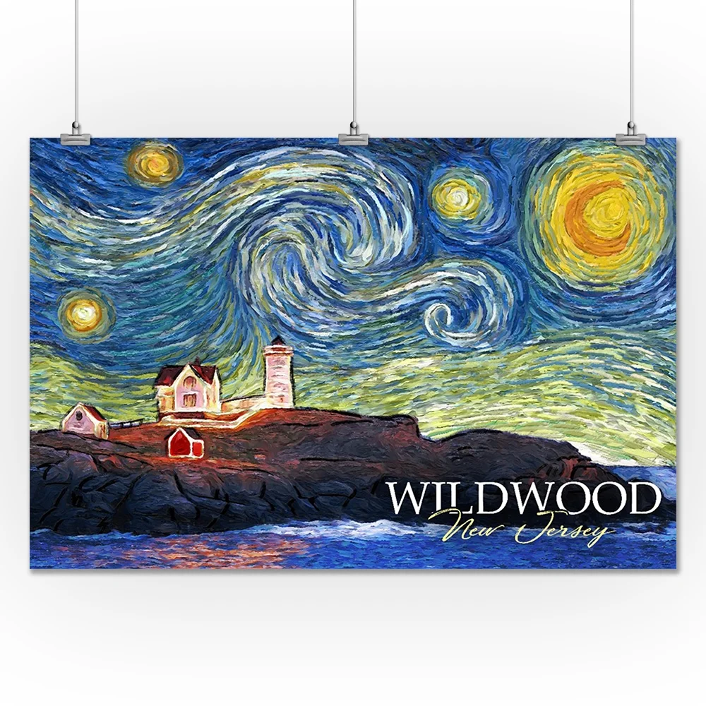 Wildwood, New Jersey, East Coast Lighthouse, Starry Night (24x36 Giclee Gallery Art Print, Vivid Textured Wall Decor)