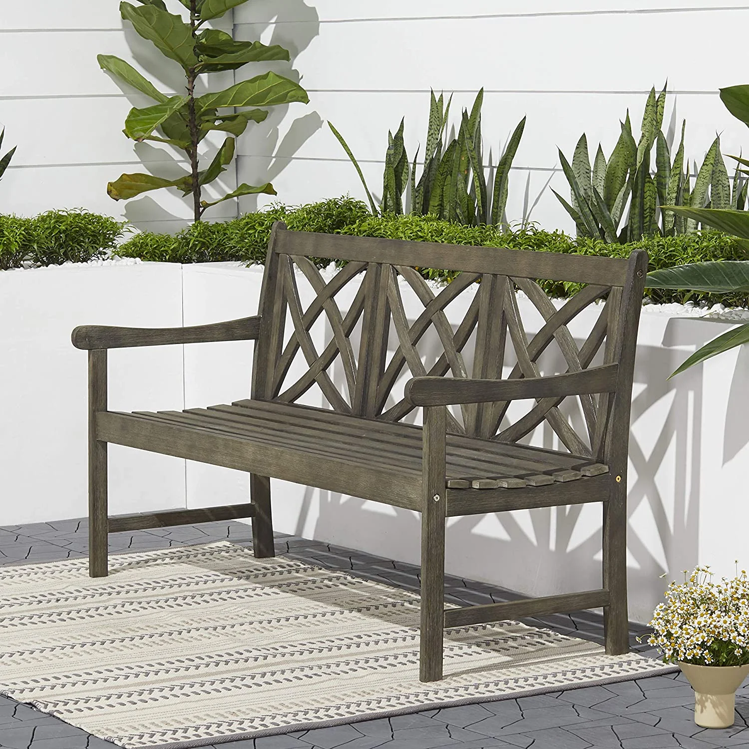 Garden Bench, 3-Person Patio Bench Gray Acacia Hardwood Bench for Garden, Porch, and Park