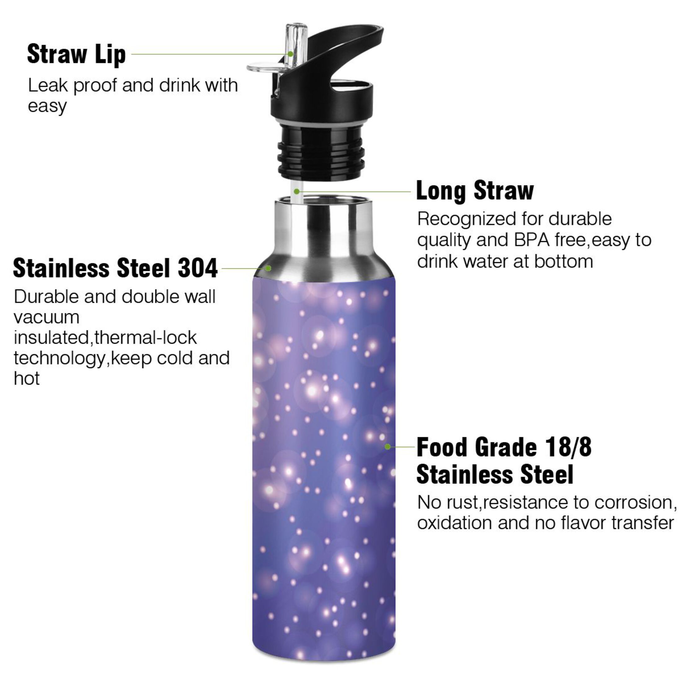 Water Bottle with Straw Lid Leak Visuel Fond Stainless Steel Insulated Thermos Vacuum Flask for Cold Hot Drinking for Sports Camping Gym Yoga