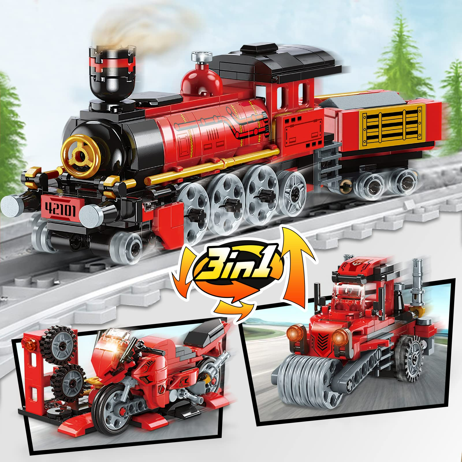 HI-Reeke Train Building Block Set 3in1 City Train Tractor Motorcycle Stem Building Kit for Kid Red