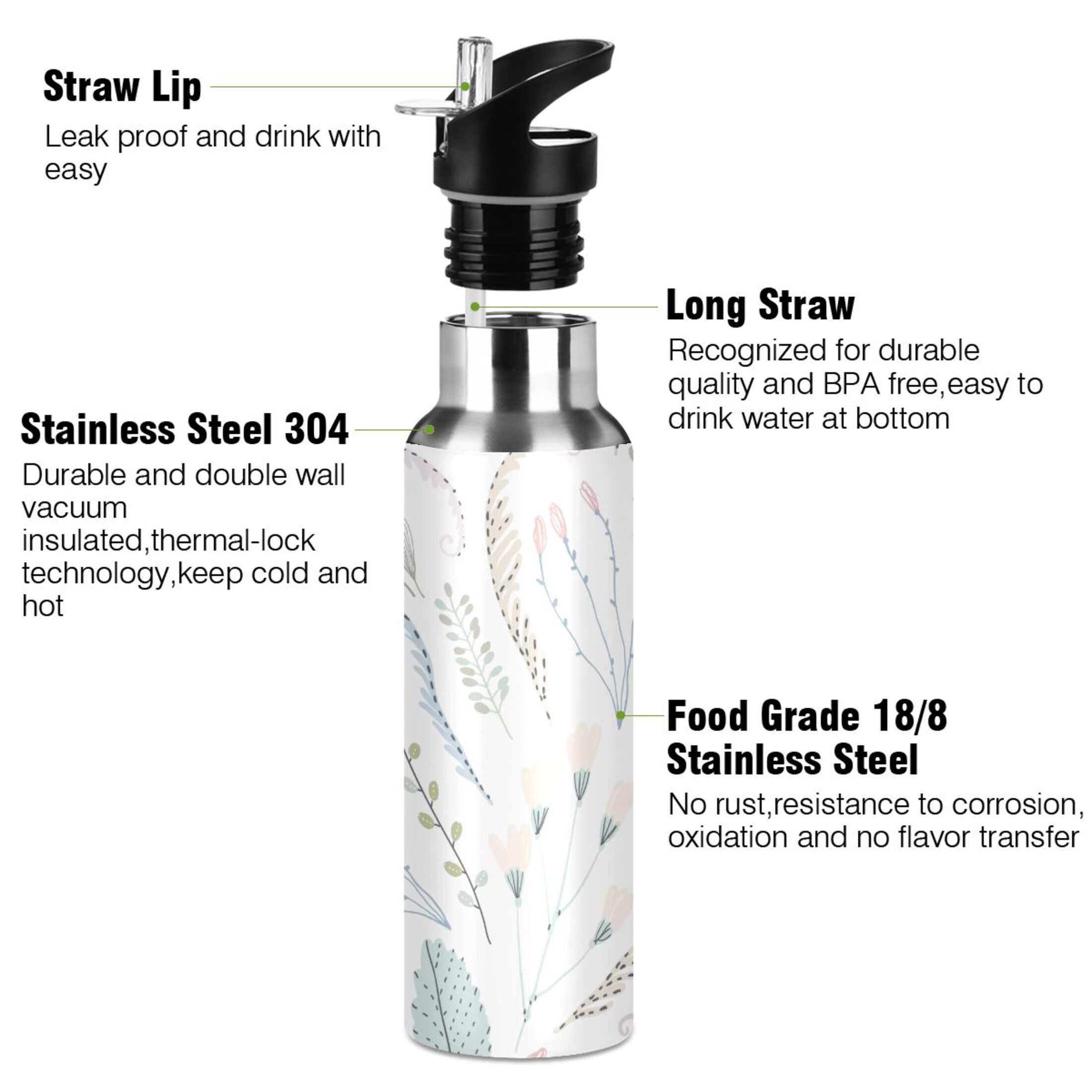 Water Bottle with Straw Lid Leak Flowers Branch Leaves Vintage Stainless Steel Insulated Thermos Vacuum Flask for Cold Hot Drinking for Sports Camping Gym Yoga