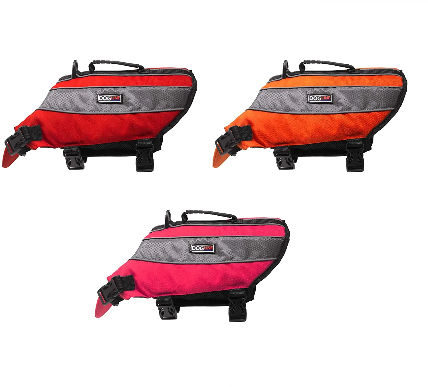 DogLine - Dog Life Jacket Dog Life Vest for Swimming and Boating in Hi-Viz Colors with Reflective Strips Mesh Underbelly for Draining and Drying and Top Carry Handle(Red: Girth 32