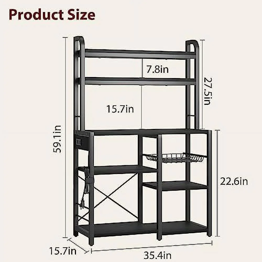 xrboomlife Bakers Rack with Power Outlet  Coffee  with Wire Drawer  Industrial Microwave Stand  Kitchen Buffet Table with Large   6-Tier Kitchen  Rack with Hutch  Rustic Black